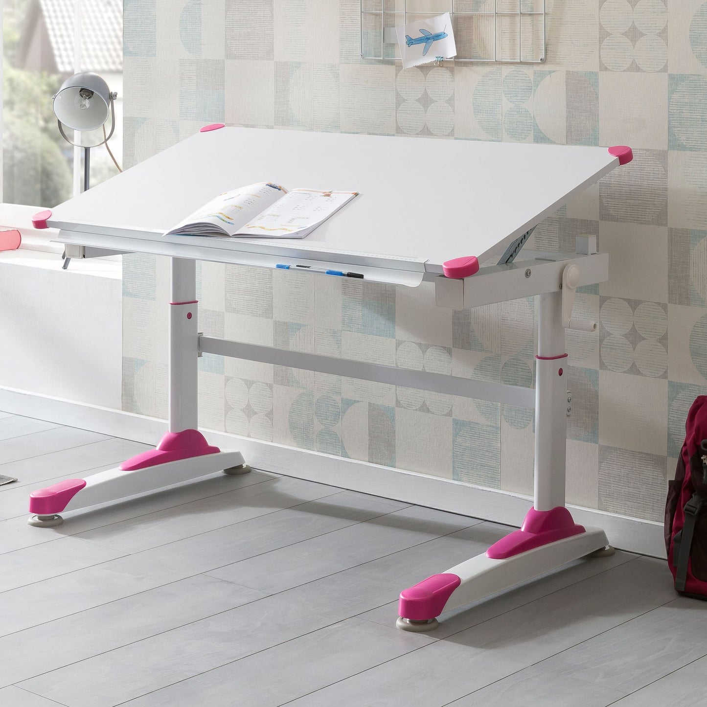 Design Kinderschreibtisch WL5.759 Holz 119 mal 67 cm Pink Weiss Maltisch Neigbarer Maedchen Schuelerschreibtisch Hoehenverstellbarer Kinder   Schreibtisch Kindertisch Tischgestell Metall