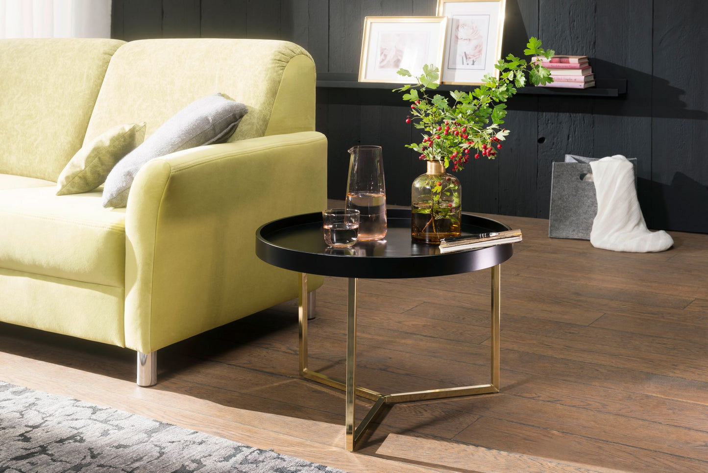 Couchtisch JESI 58 5 mal 42 mal 58 5cm Schwarz Gold Sofatisch Metall Rund Designer Retro Wohnzimmertisch modern Kleiner Loungetisch mit Metallgestell Runder Tabletttisch mit Holz Platte