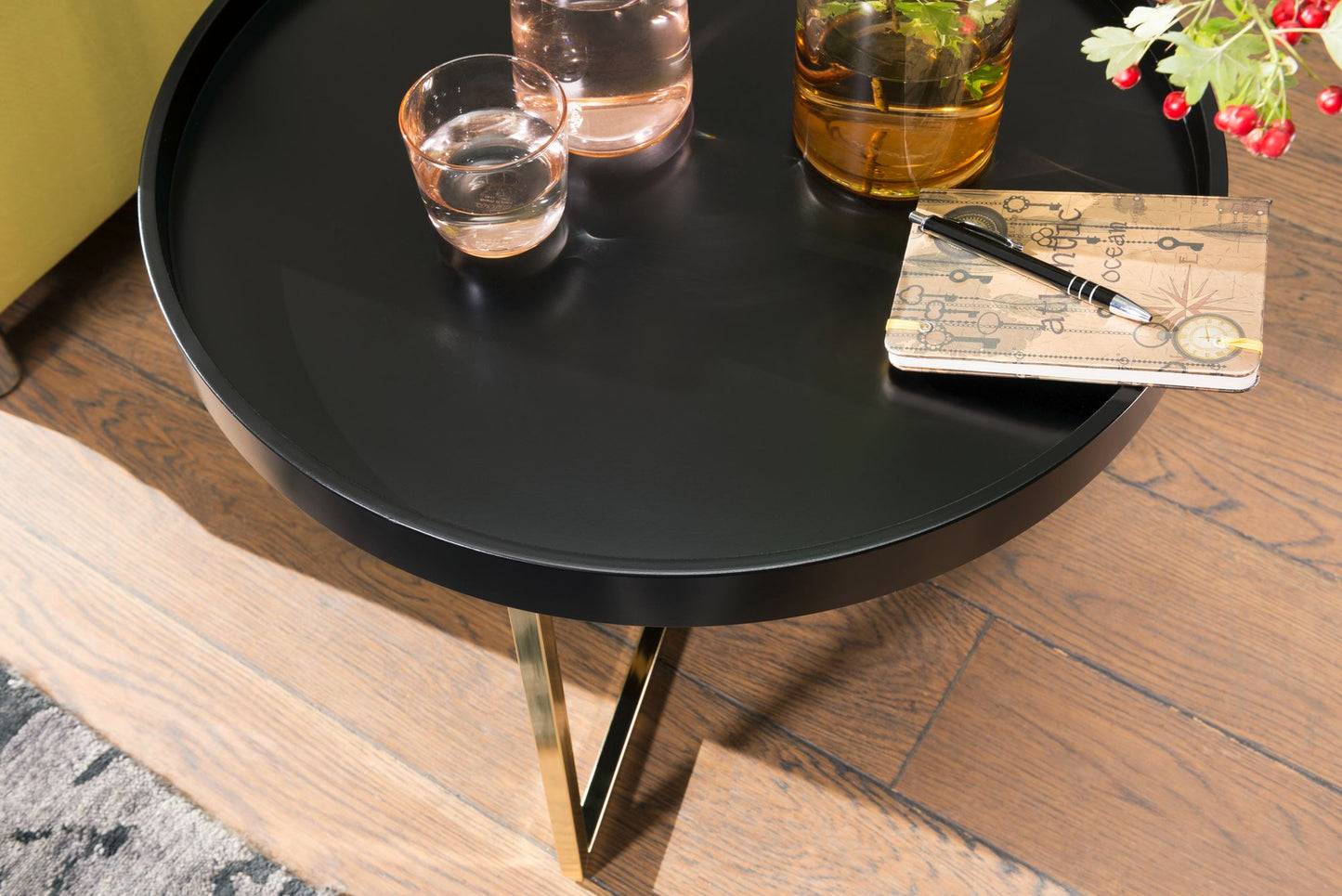 Couchtisch JESI 58 5 mal 42 mal 58 5cm Schwarz Gold Sofatisch Metall Rund Designer Retro Wohnzimmertisch modern Kleiner Loungetisch mit Metallgestell Runder Tabletttisch mit Holz Platte