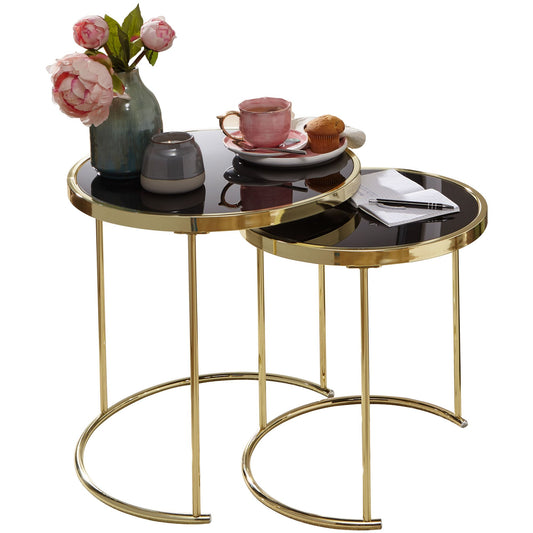 Design Satztisch COMO Schwarz Gold Beistelltisch Metall Glas Couchtisch Set aus 2 Tischen Kleiner Wohnzimmertisch Metalltisch mit Glasplatte Ablagetisch modern