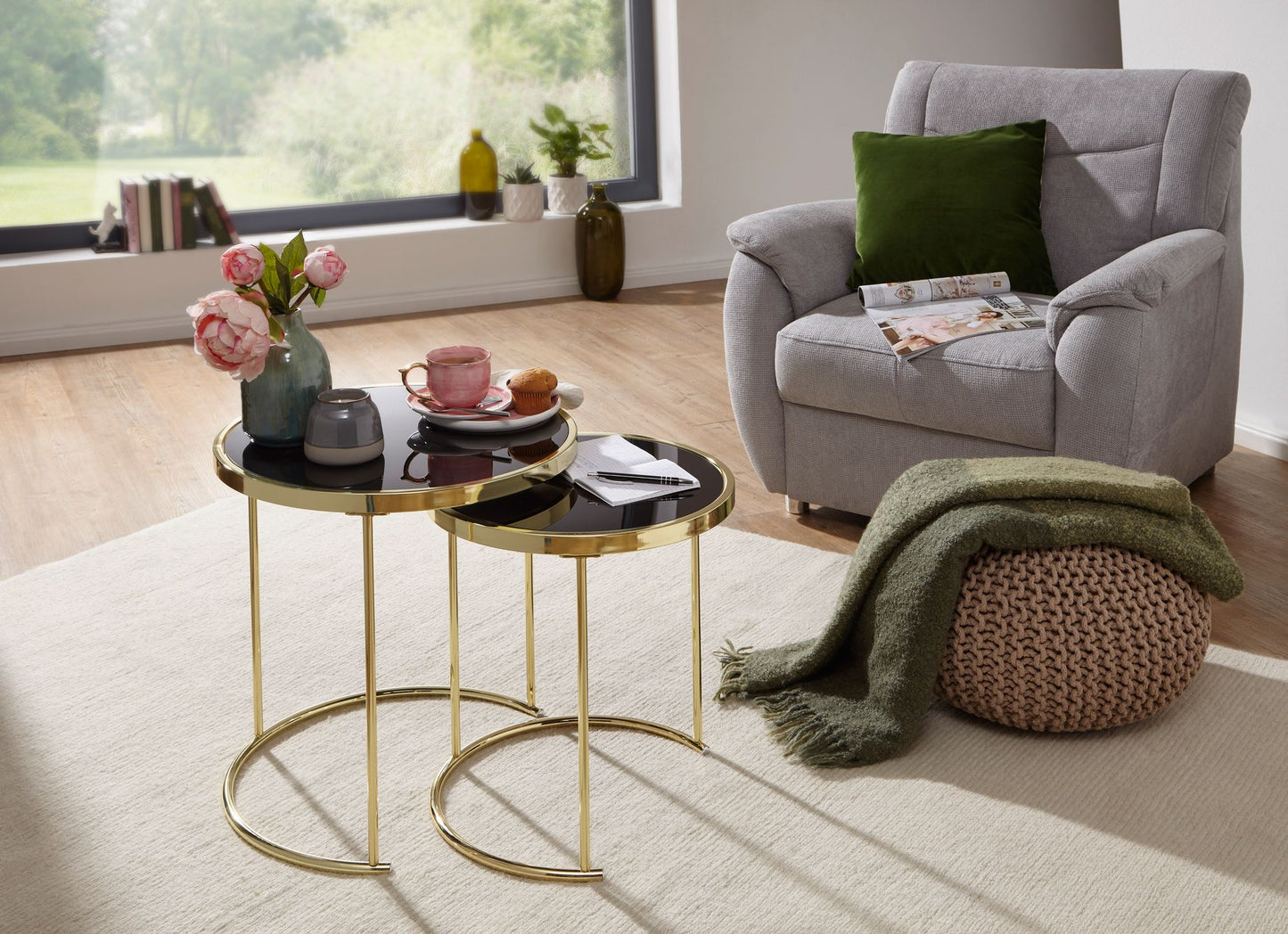 Design Satztisch COMO Schwarz Gold Beistelltisch Metall Glas Couchtisch Set aus 2 Tischen Kleiner Wohnzimmertisch Metalltisch mit Glasplatte Ablagetisch modern