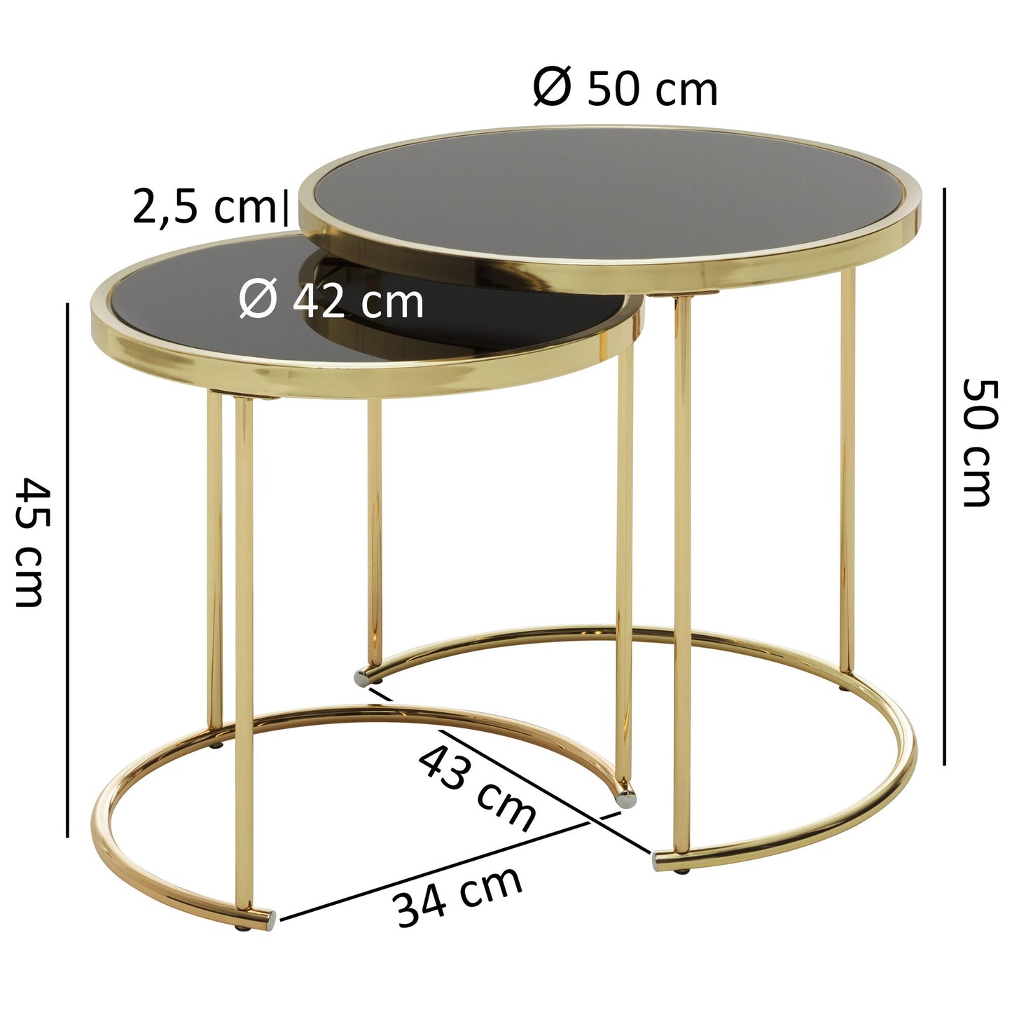Design Satztisch COMO Schwarz Gold Beistelltisch Metall Glas Couchtisch Set aus 2 Tischen Kleiner Wohnzimmertisch Metalltisch mit Glasplatte Ablagetisch modern