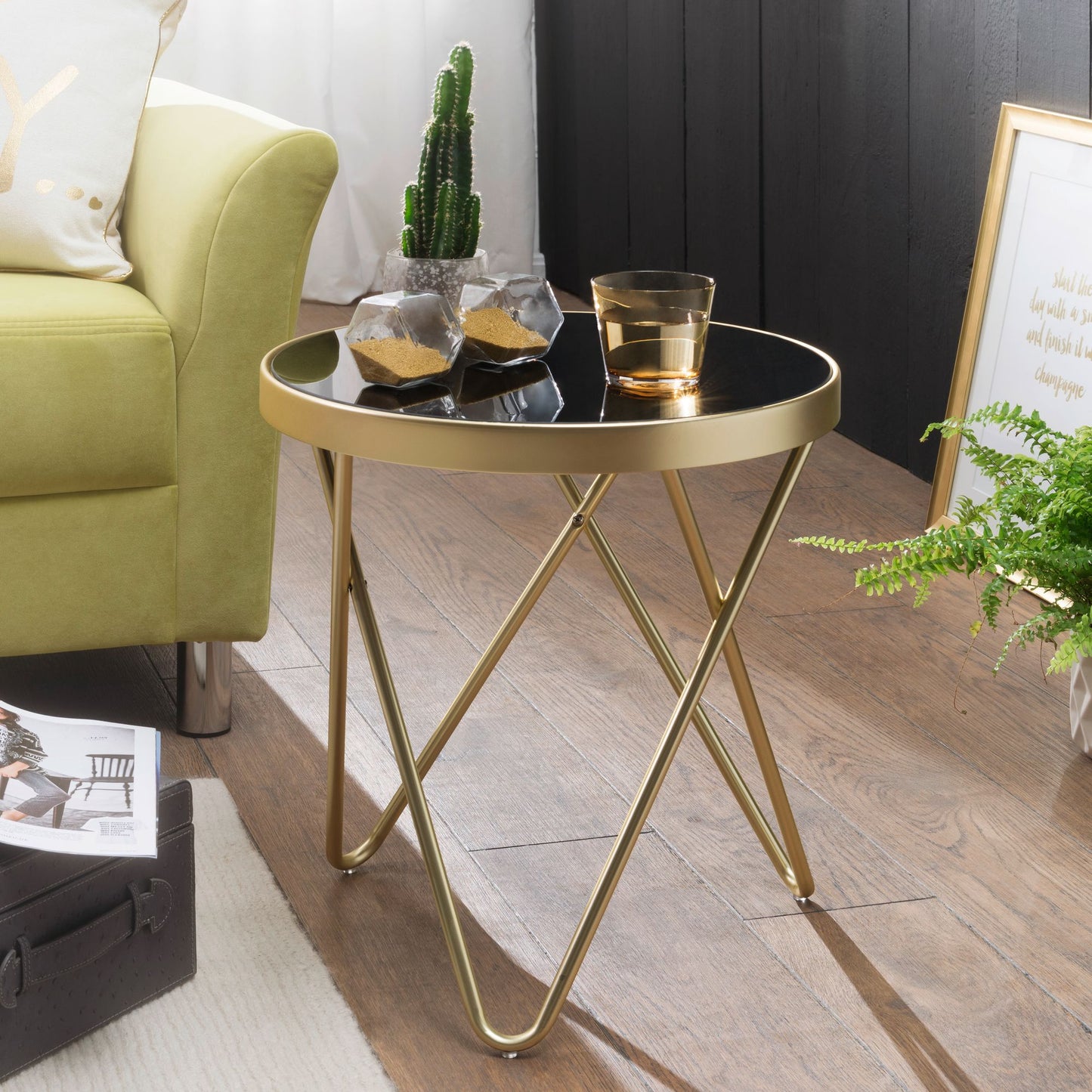 Design Beistelltisch PARMA 42 mal 46 mal 42cm Couchtisch Rund Schwarz Matt Gold Designer Glas Wohnzimmertisch modern Glastisch Metallgestell Kleiner Sofatisch Runder Metalltisch Wohnzimmer