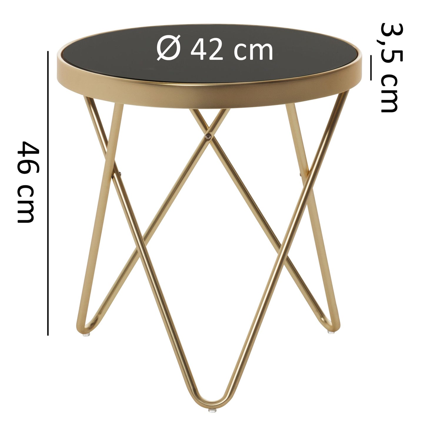 Design Beistelltisch PARMA 42 mal 46 mal 42cm Couchtisch Rund Schwarz Matt Gold Designer Glas Wohnzimmertisch modern Glastisch Metallgestell Kleiner Sofatisch Runder Metalltisch Wohnzimmer