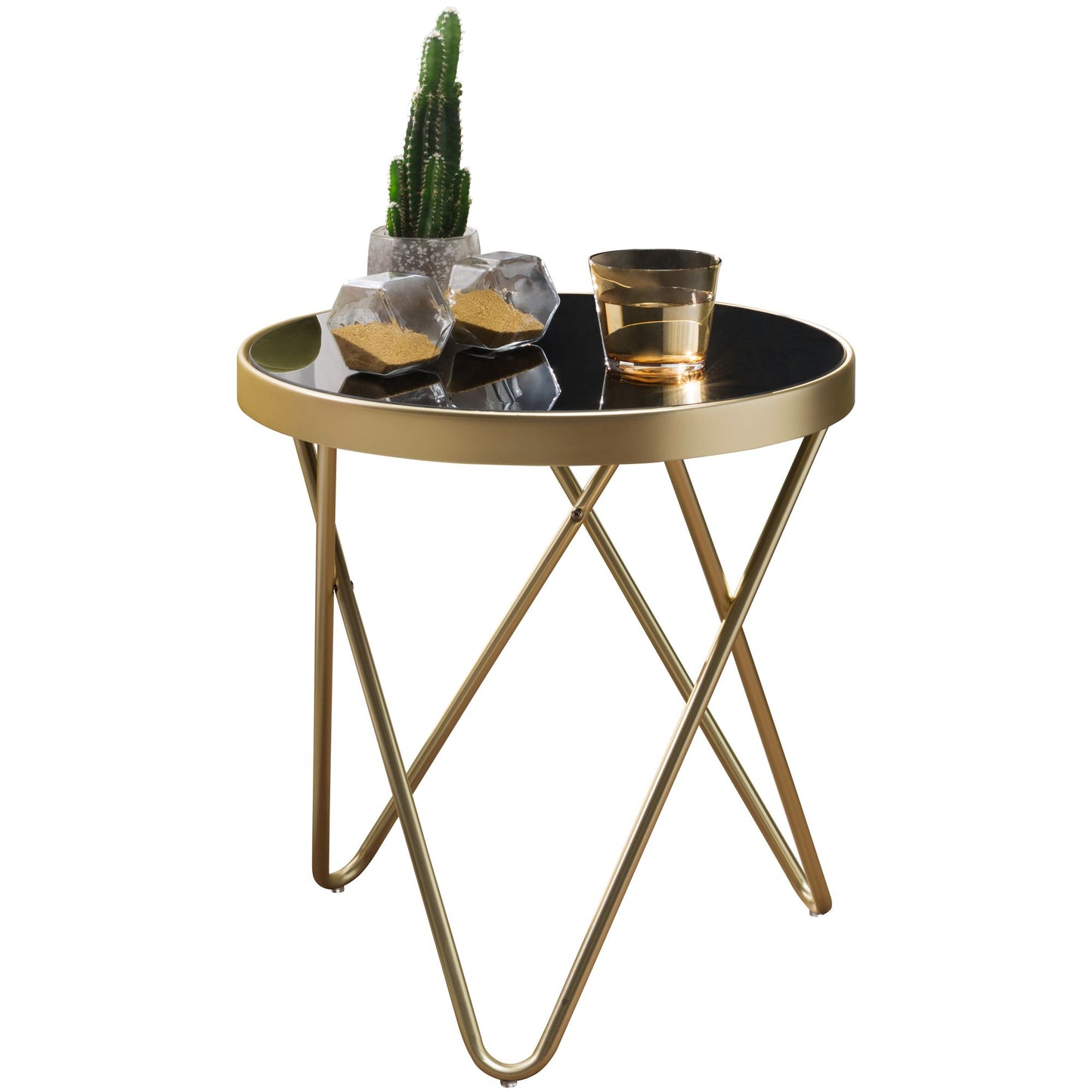 Design Beistelltisch PARMA 42 mal 46 mal 42cm Couchtisch Rund Schwarz Matt Gold Designer Glas Wohnzimmertisch modern Glastisch Metallgestell Kleiner Sofatisch Runder Metalltisch Wohnzimmer