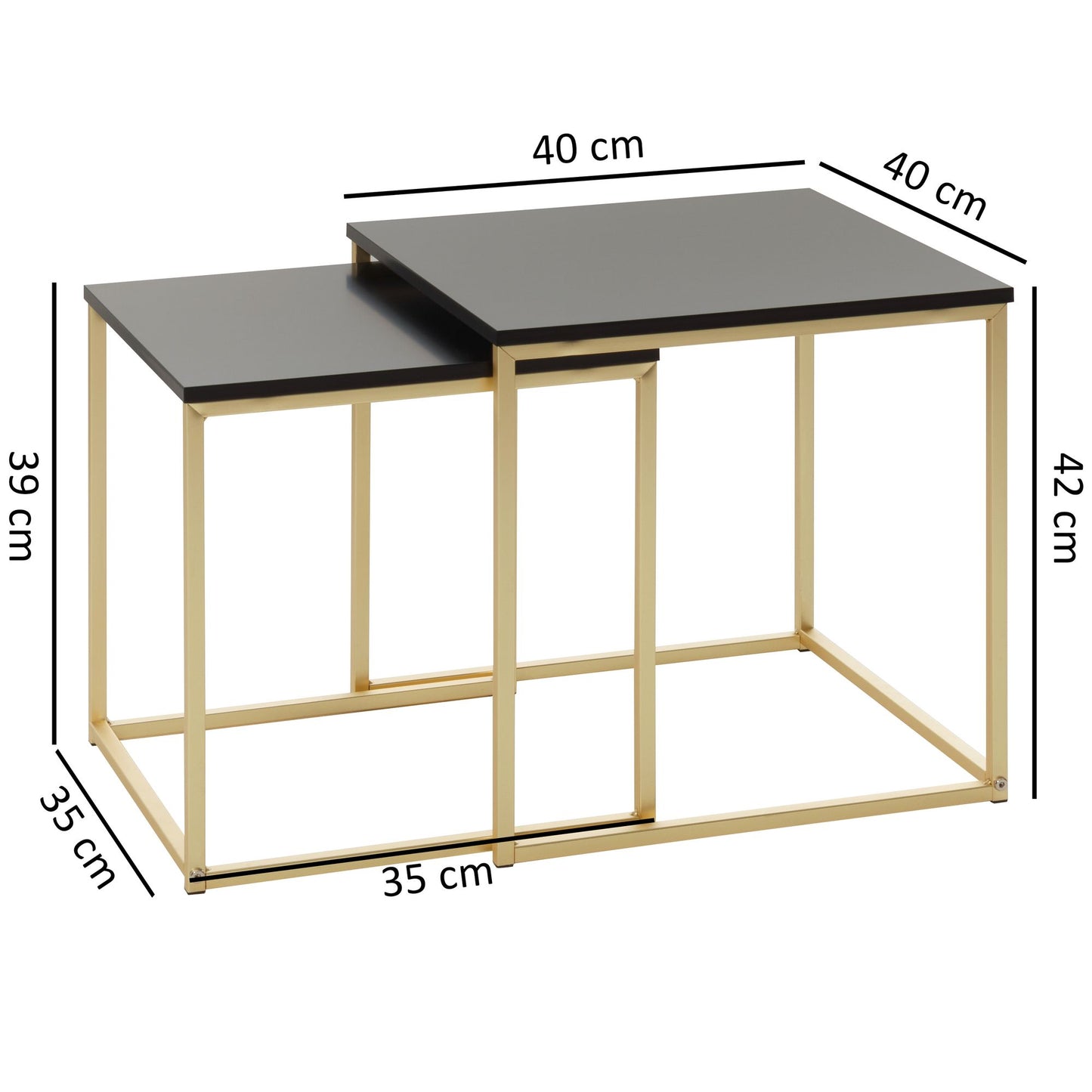 Satztisch CHUR Schwarz Gold Beistelltisch MDF Metall Couchtisch Set aus 2 Tischen Kleiner Wohnzimmertisch Metalltisch mit Holzplatte Ablagetisch modern