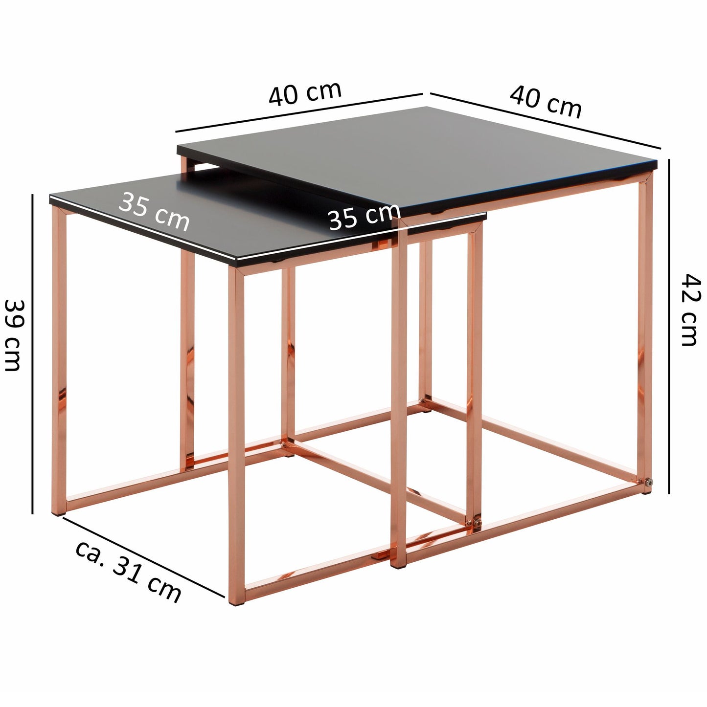 Satztisch CHUR Schwarz Kupfer Beistelltisch MDF Metall Couchtisch Set aus 2 Tischen Kleiner Wohnzimmertisch Metalltisch mit Holzplatte Ablagetisch modern