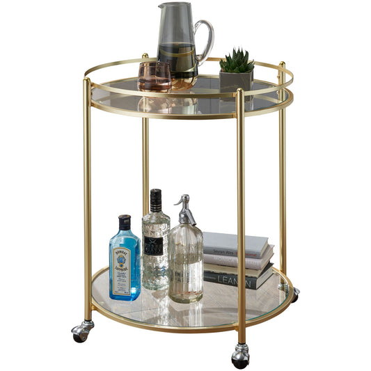 Design Servierwagen Gold Ø 57 cm Beistelltisch Teewagen Metall mit Rollen Kuechenwagen mit Glasplatten Barwagen Rund 75 cm hoch Kuechentrolley Modern Rollwagen