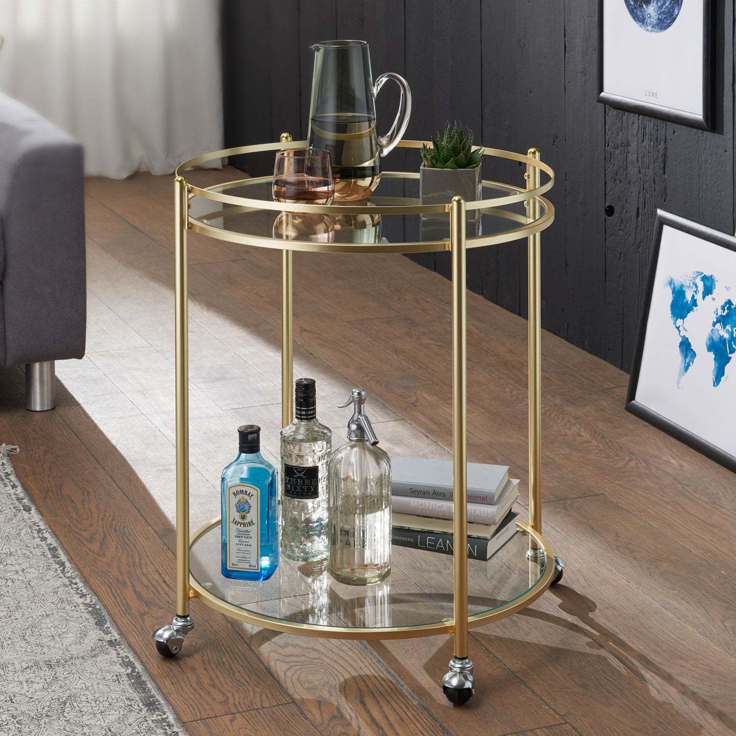 Design Servierwagen Gold Ø 57 cm Beistelltisch Teewagen Metall mit Rollen Kuechenwagen mit Glasplatten Barwagen Rund 75 cm hoch Kuechentrolley Modern Rollwagen