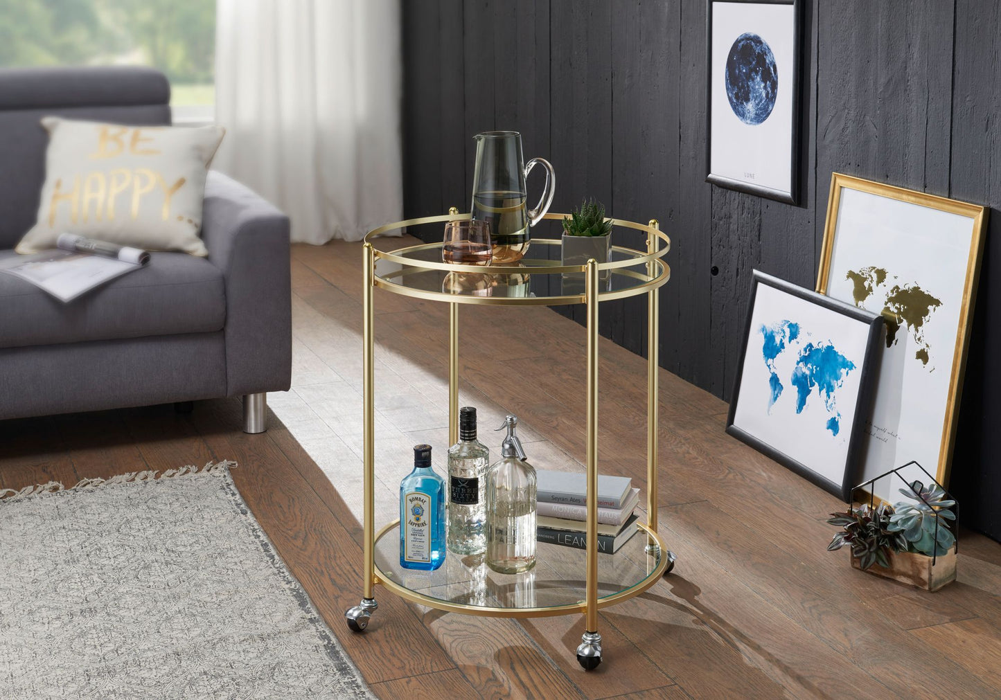 Design Servierwagen Gold Ø 57 cm Beistelltisch Teewagen Metall mit Rollen Kuechenwagen mit Glasplatten Barwagen Rund 75 cm hoch Kuechentrolley Modern Rollwagen