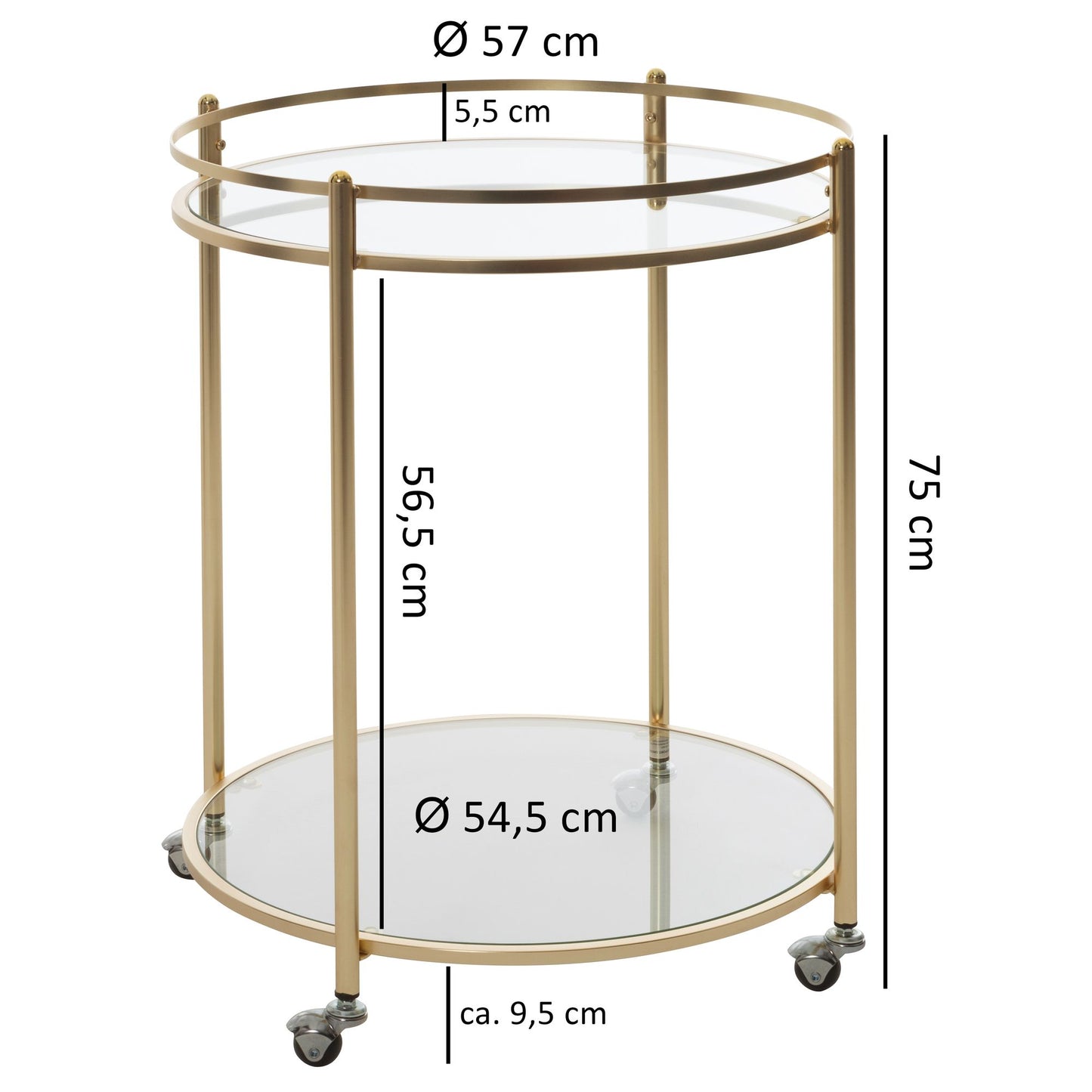 Design Servierwagen Gold Ø 57 cm Beistelltisch Teewagen Metall mit Rollen Kuechenwagen mit Glasplatten Barwagen Rund 75 cm hoch Kuechentrolley Modern Rollwagen