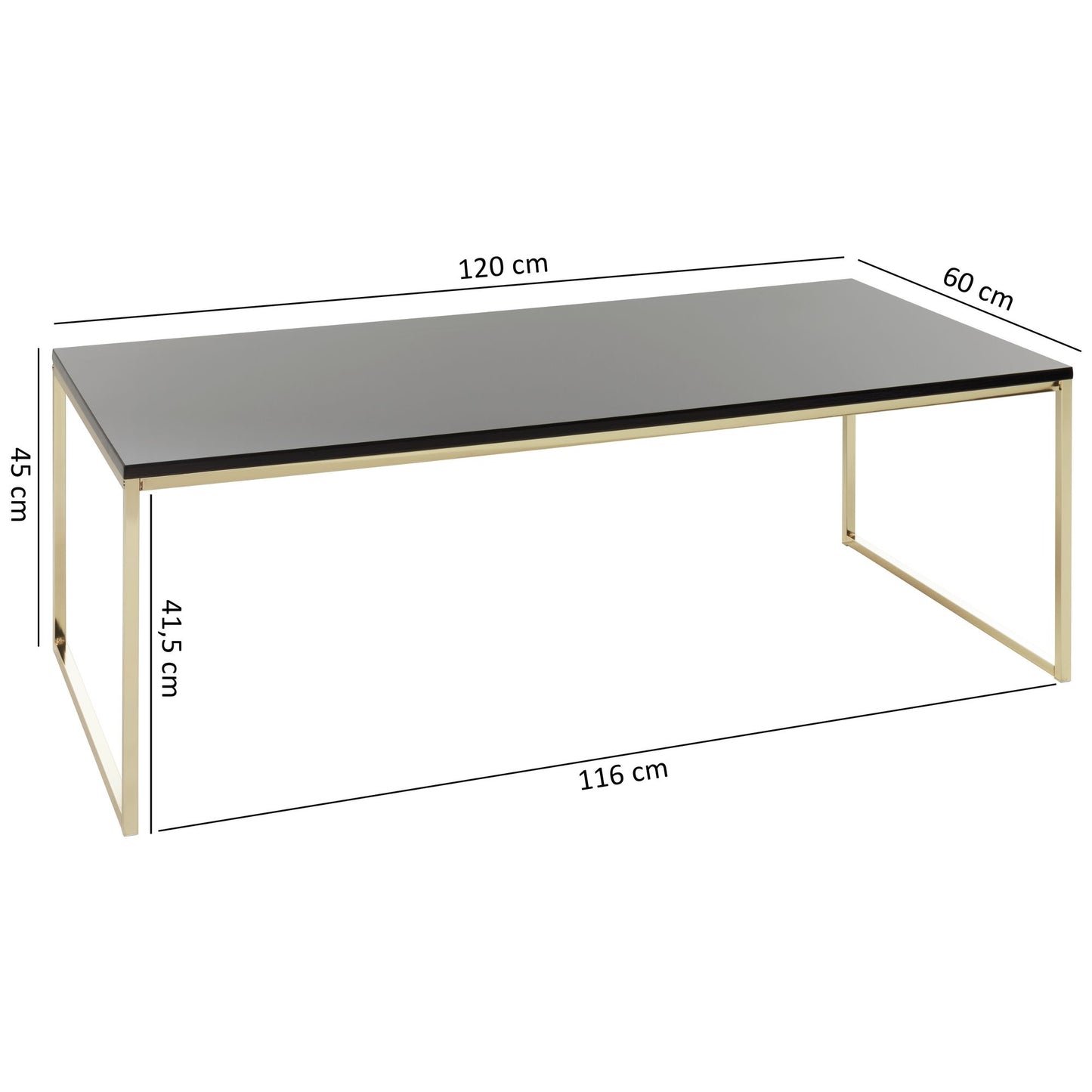Couchtisch 120 mal 45 mal 60 cm Metall Holz Sofatisch Schwarz Gold Design Wohnzimmertisch rechteckig Stubentisch mit Metallgestell Kaffeetisch klein Wohnzimmer Loungetisch modern