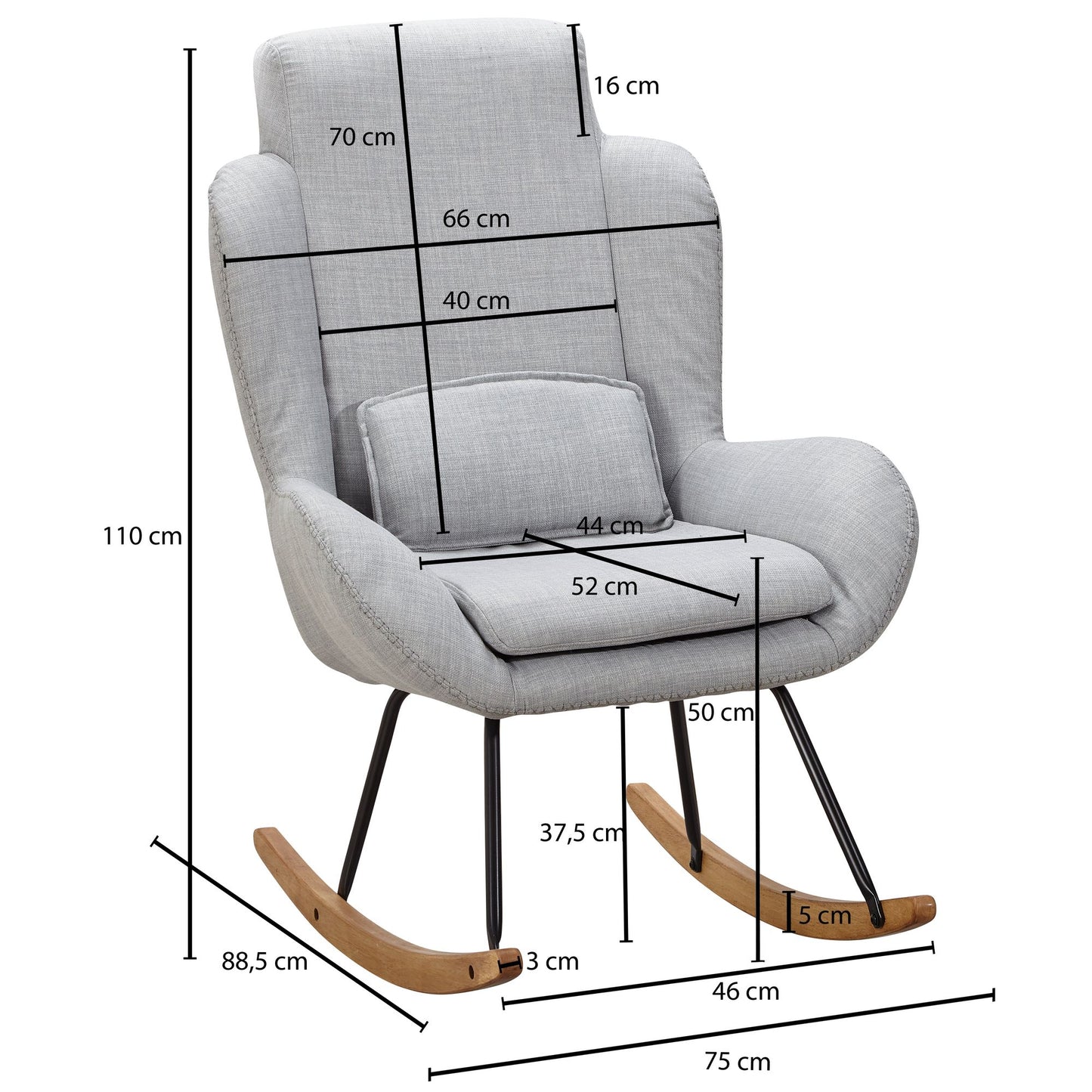 Schaukelstuhl CAPRI Grau Design Rela mal sessel 75 mal 110 mal 88 5 cm Sessel Stoff Holz Schwingsessel mit Gestell Polster Rela mal stuhl Schaukelsessel Moderner Schwingstuhl Hochlehner