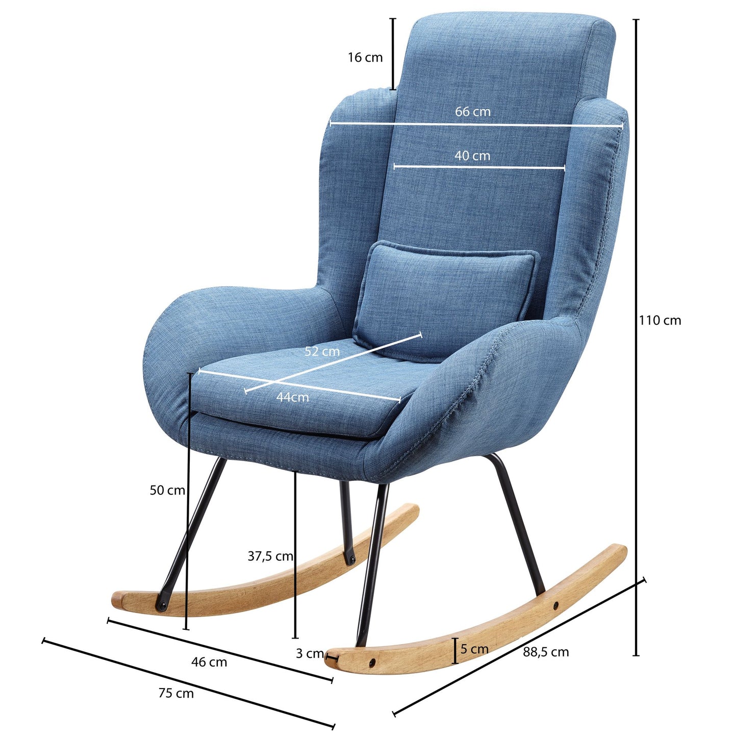 Schaukelstuhl CAPRI Blau Design Rela mal sessel 75 mal 110 mal 88 5 cm Sessel Stoff Holz Schwingsessel mit Gestell Polster Rela mal stuhl Schaukelsessel Moderner Schwingstuhl Hochlehner