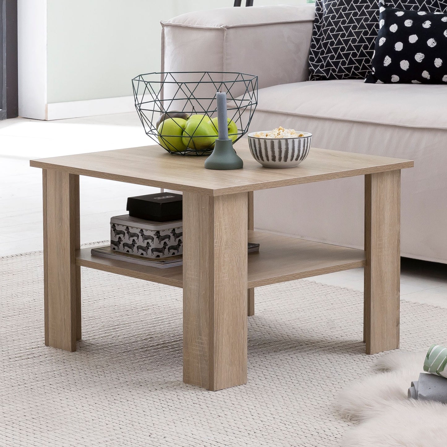 Couchtisch WL5.833 Sonoma Eiche 60 mal 42 mal 60 cm Design Holztisch mit Ablage Wohnzimmertisch Coffee Table Sofatisch Loungetisch Holz Kaffeetisch Stubentisch mit Stauraum Tisch Wohnzimmer