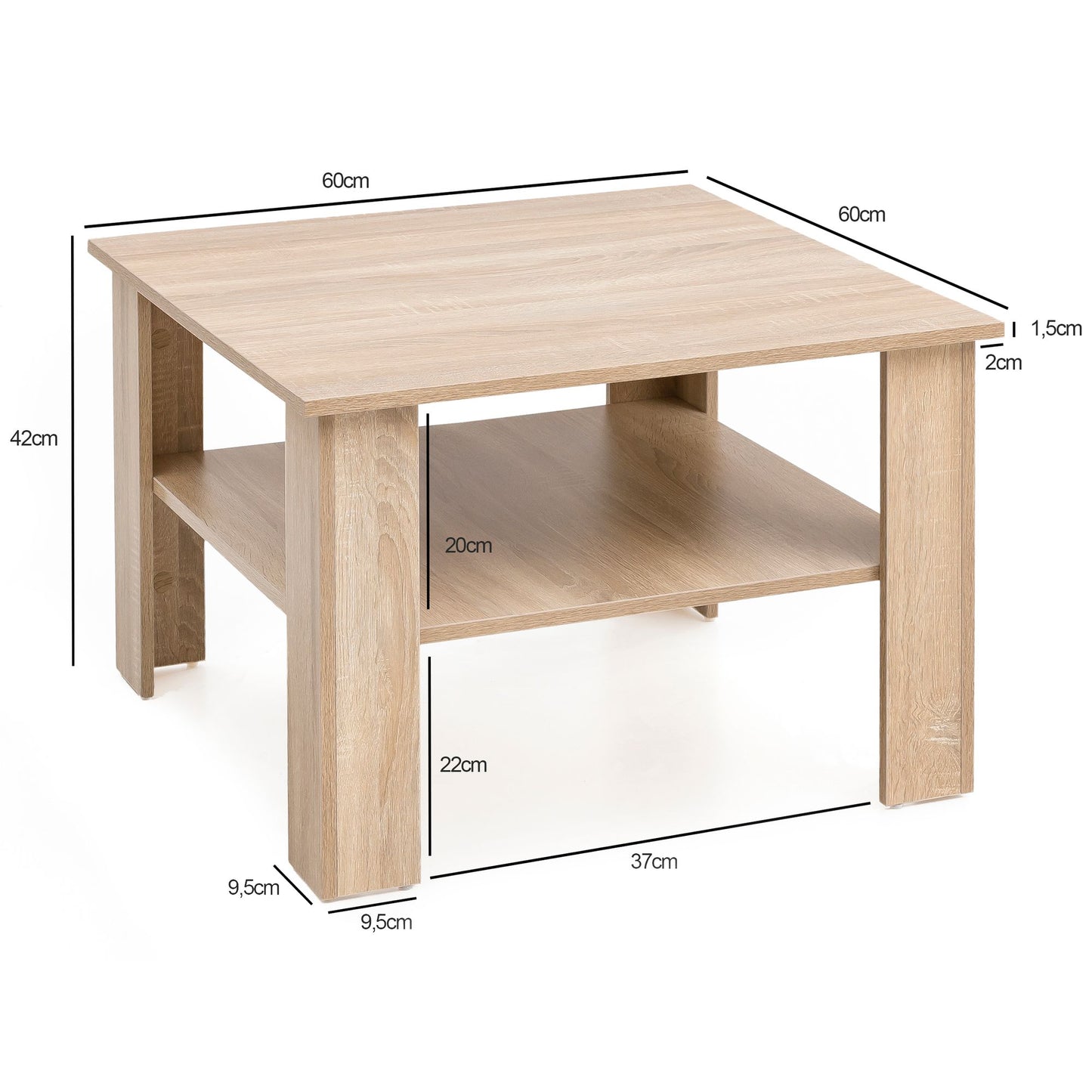 Couchtisch WL5.833 Sonoma Eiche 60 mal 42 mal 60 cm Design Holztisch mit Ablage Wohnzimmertisch Coffee Table Sofatisch Loungetisch Holz Kaffeetisch Stubentisch mit Stauraum Tisch Wohnzimmer