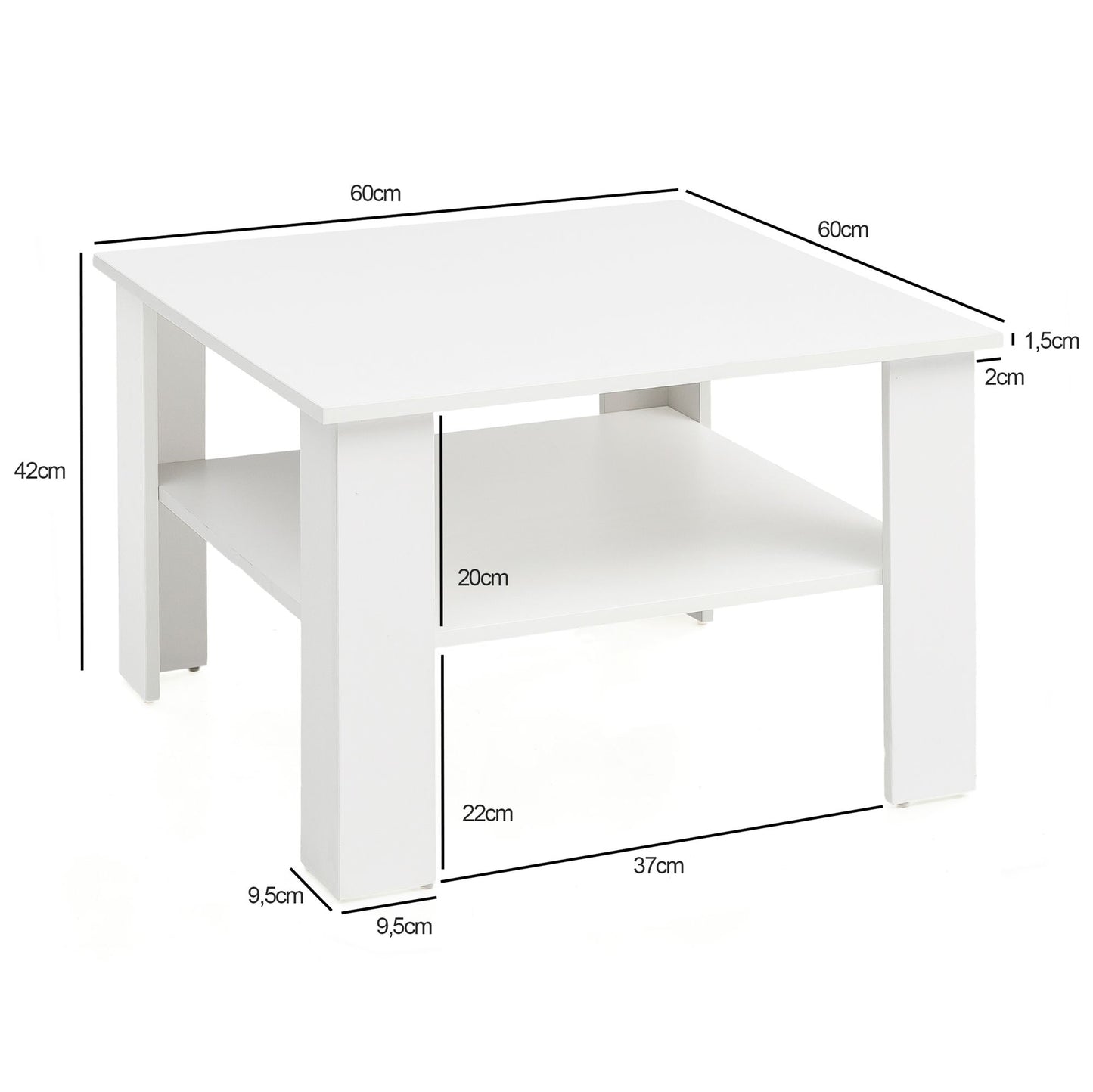 Couchtisch WL5.834 Weiss 60 mal 42 mal 60 cm Design Holztisch mit Ablage Wohnzimmertisch Coffee Table Sofatisch Loungetisch Holz Kaffeetisch Stubentisch mit Stauraum Tisch Wohnzimmer