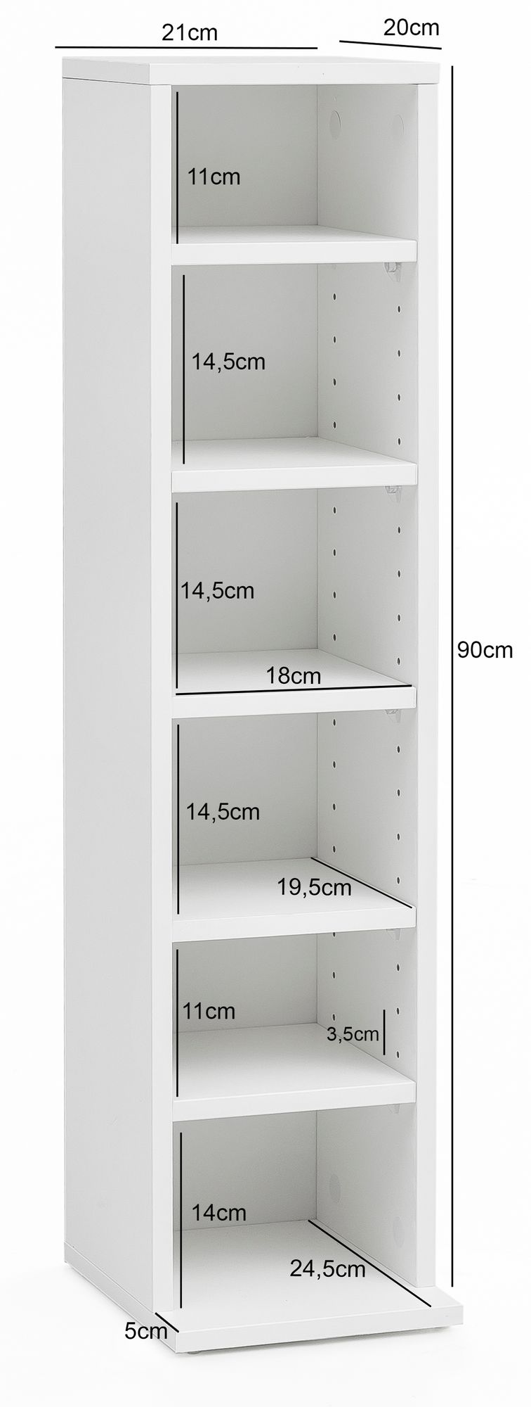 CD Regal WL5.836 Holz 21 mal 90 mal 20 cm Offenes Buecherregal Schmal CD Aufbewahrung Klein Design Nischenregal Weiss Standregal 6 Faecher Offen CD Holzregal Weiss Stehregal Modern