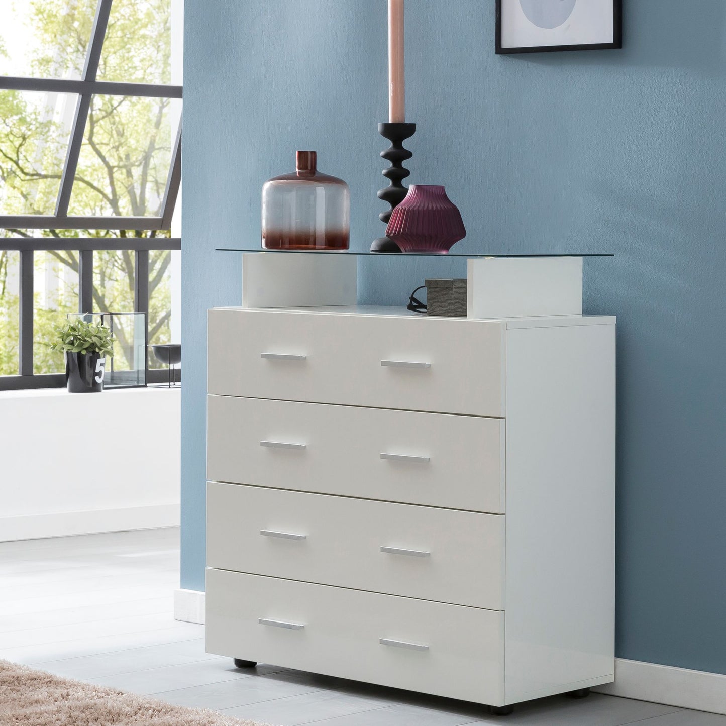 Design Sideboard WL5.850 Weiss Hochglanz 76 mal 84 mal 35 cm Anrichte Holz Modern Hohe Schubladenkommode mit Glas Ablage Kleiner Allzweckschrank Flur Waeschekommode Schlafzimmer