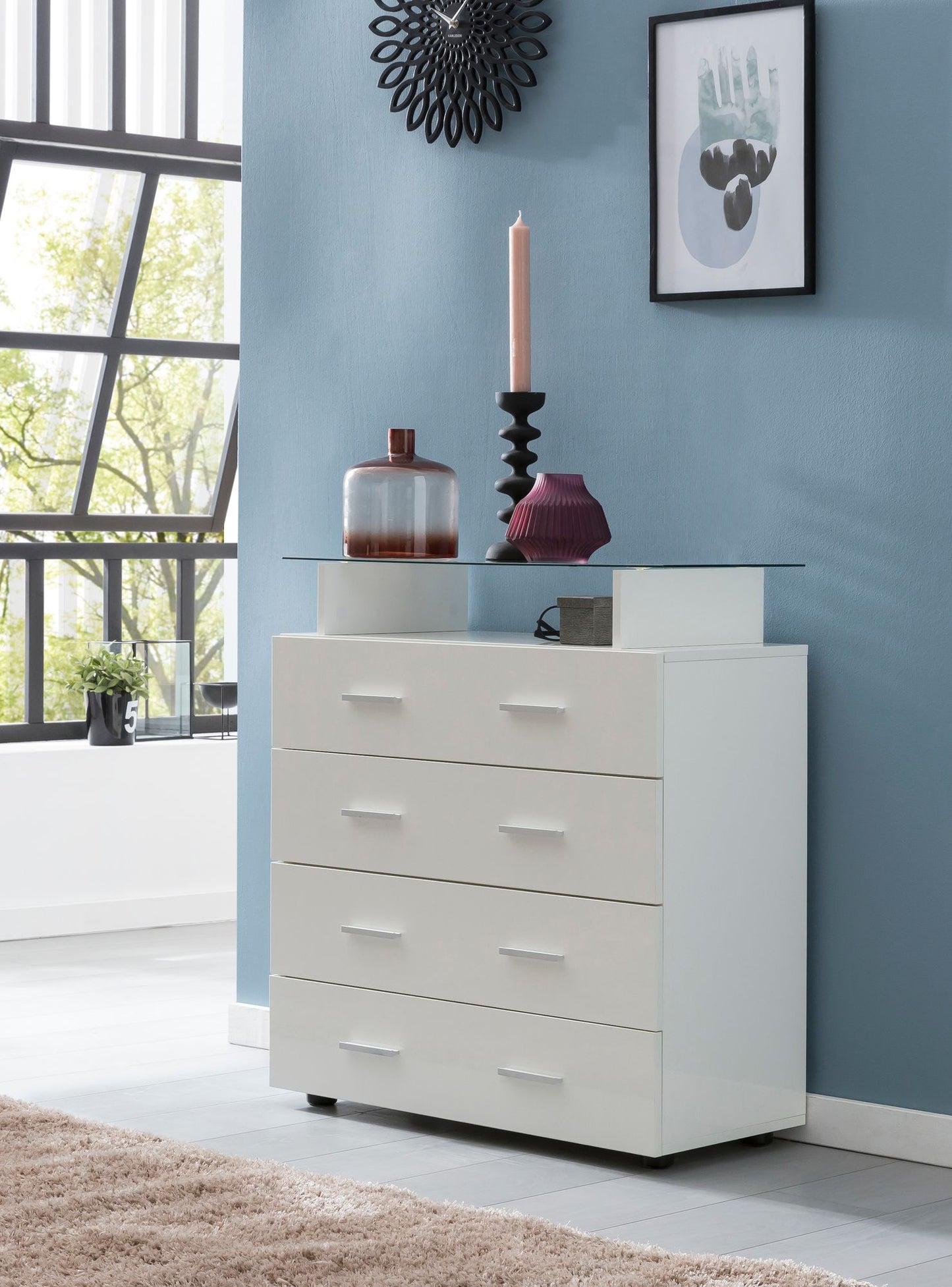 Design Sideboard WL5.850 Weiss Hochglanz 76 mal 84 mal 35 cm Anrichte Holz Modern Hohe Schubladenkommode mit Glas Ablage Kleiner Allzweckschrank Flur Waeschekommode Schlafzimmer