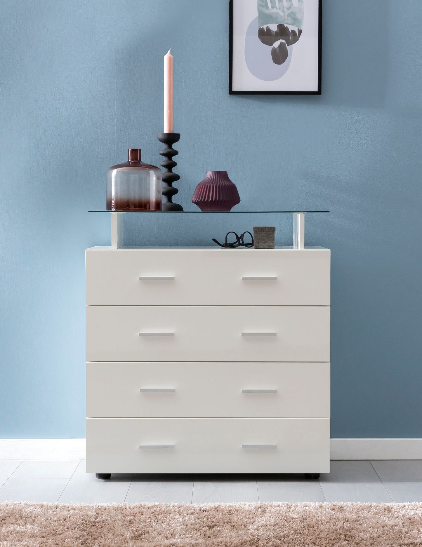 Design Sideboard WL5.850 Weiss Hochglanz 76 mal 84 mal 35 cm Anrichte Holz Modern Hohe Schubladenkommode mit Glas Ablage Kleiner Allzweckschrank Flur Waeschekommode Schlafzimmer