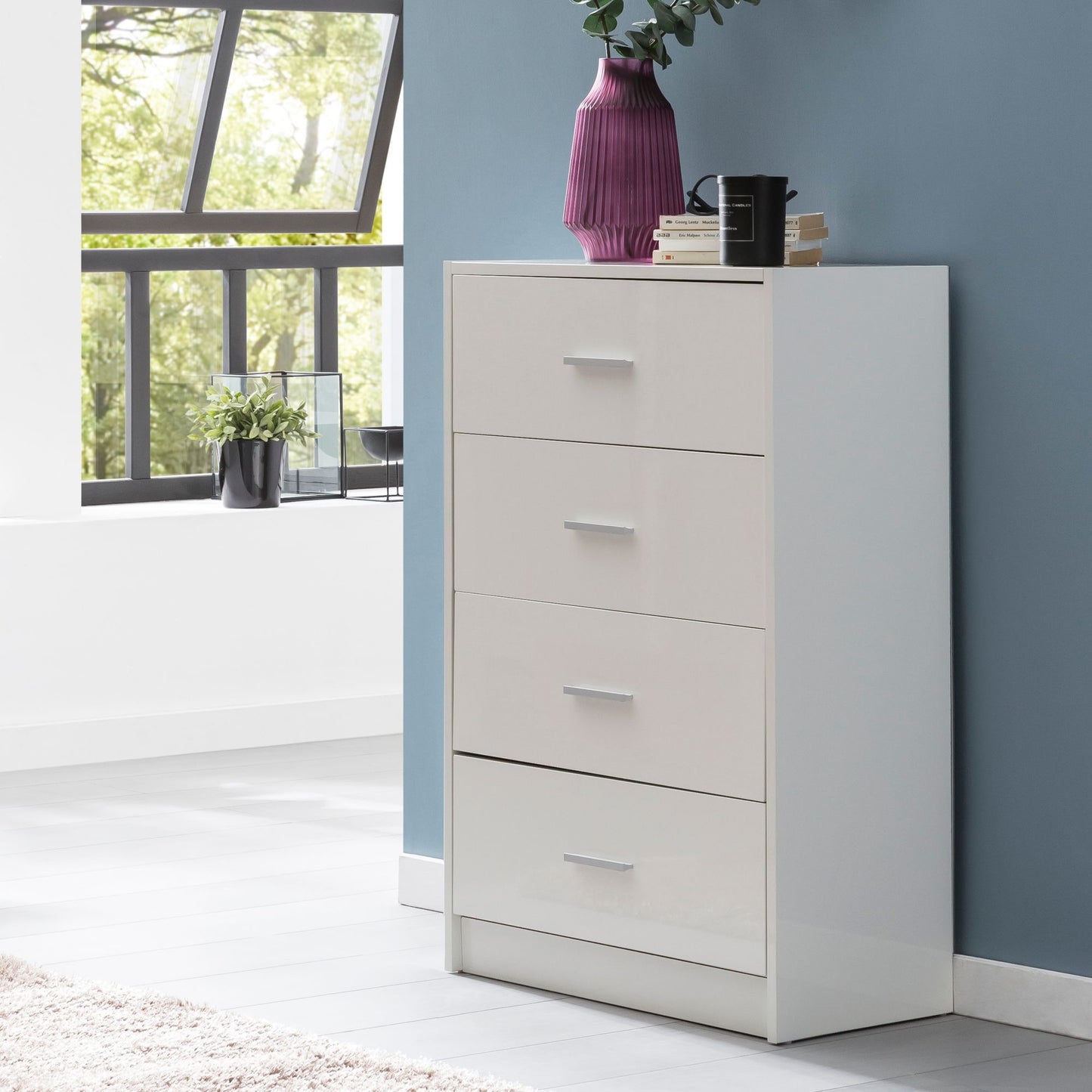 Design Sideboard WL5.864 Weiss Hochglanz 60 mal 90 mal 30 cm Anrichte Holz Modern Schmale Schubladenkommode Esszimmer Kleiner Allzweckschrank Flur Waeschekommode Schlafzimmer