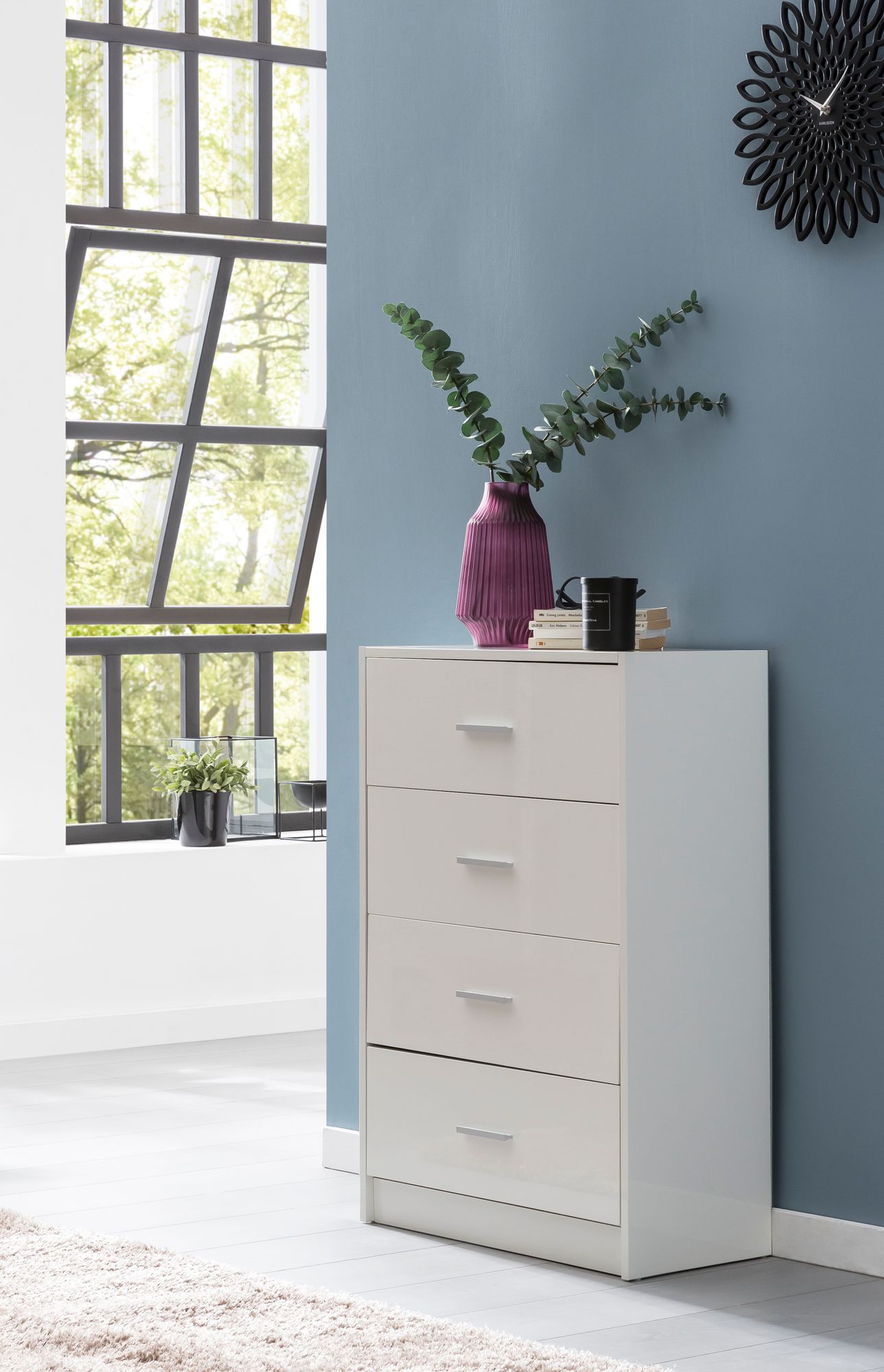 Design Sideboard WL5.864 Weiss Hochglanz 60 mal 90 mal 30 cm Anrichte Holz Modern Schmale Schubladenkommode Esszimmer Kleiner Allzweckschrank Flur Waeschekommode Schlafzimmer