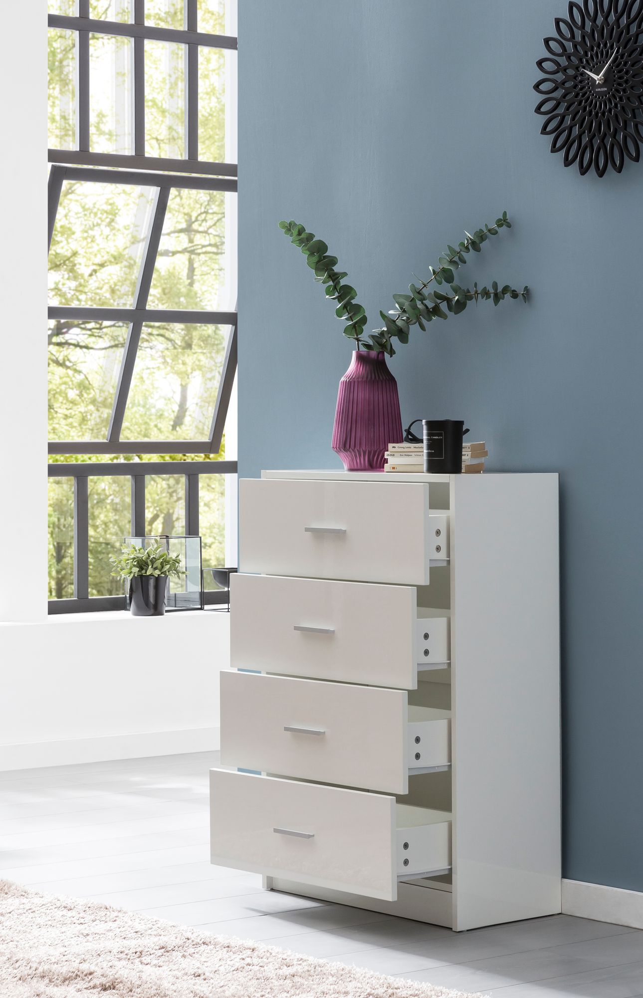 Design Sideboard WL5.864 Weiss Hochglanz 60 mal 90 mal 30 cm Anrichte Holz Modern Schmale Schubladenkommode Esszimmer Kleiner Allzweckschrank Flur Waeschekommode Schlafzimmer