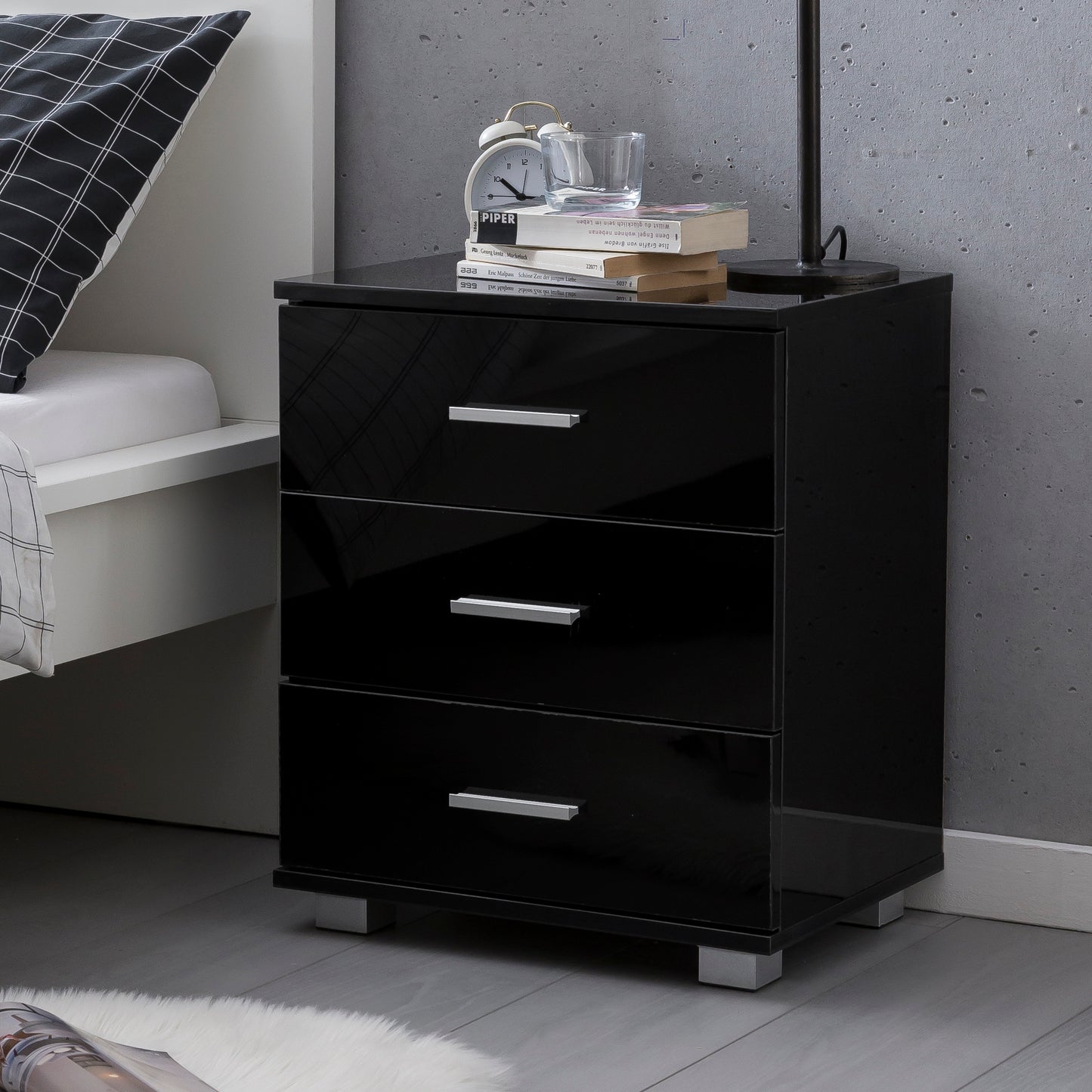 Design Nachtkonsole WL5.867 Schwarz 45 mal 54 mal 34cm Holz Nachttisch Hochglanz Modernes Nachtkaestchen mit Aufbewahrung Kleine Schlafzimmer Kommode Schubladen Bettschrank Nachtschrank Klein