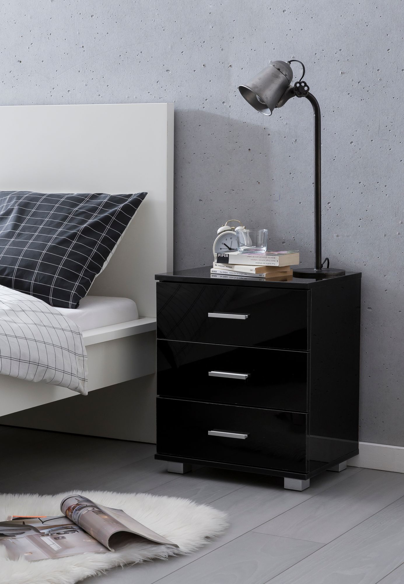 Design Nachtkonsole WL5.867 Schwarz 45 mal 54 mal 34cm Holz Nachttisch Hochglanz Modernes Nachtkaestchen mit Aufbewahrung Kleine Schlafzimmer Kommode Schubladen Bettschrank Nachtschrank Klein