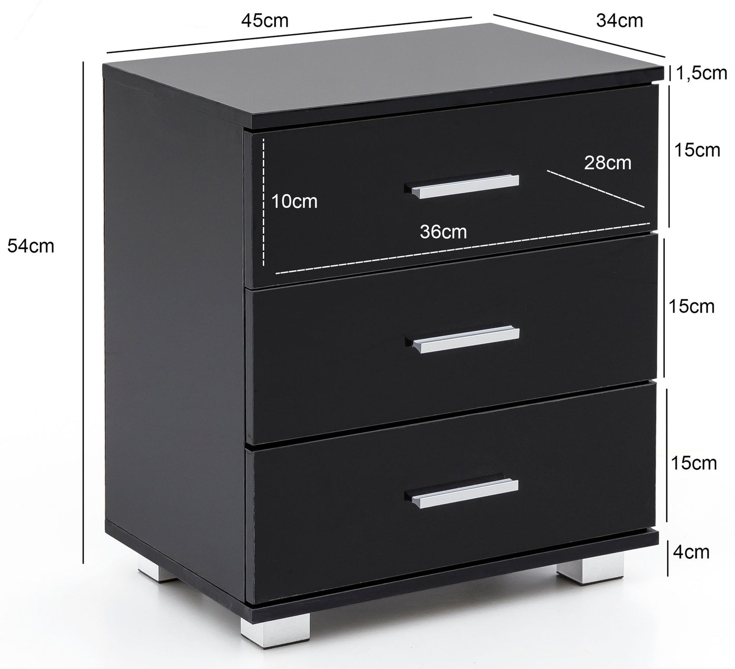 Design Nachtkonsole WL5.867 Schwarz 45 mal 54 mal 34cm Holz Nachttisch Hochglanz Modernes Nachtkaestchen mit Aufbewahrung Kleine Schlafzimmer Kommode Schubladen Bettschrank Nachtschrank Klein