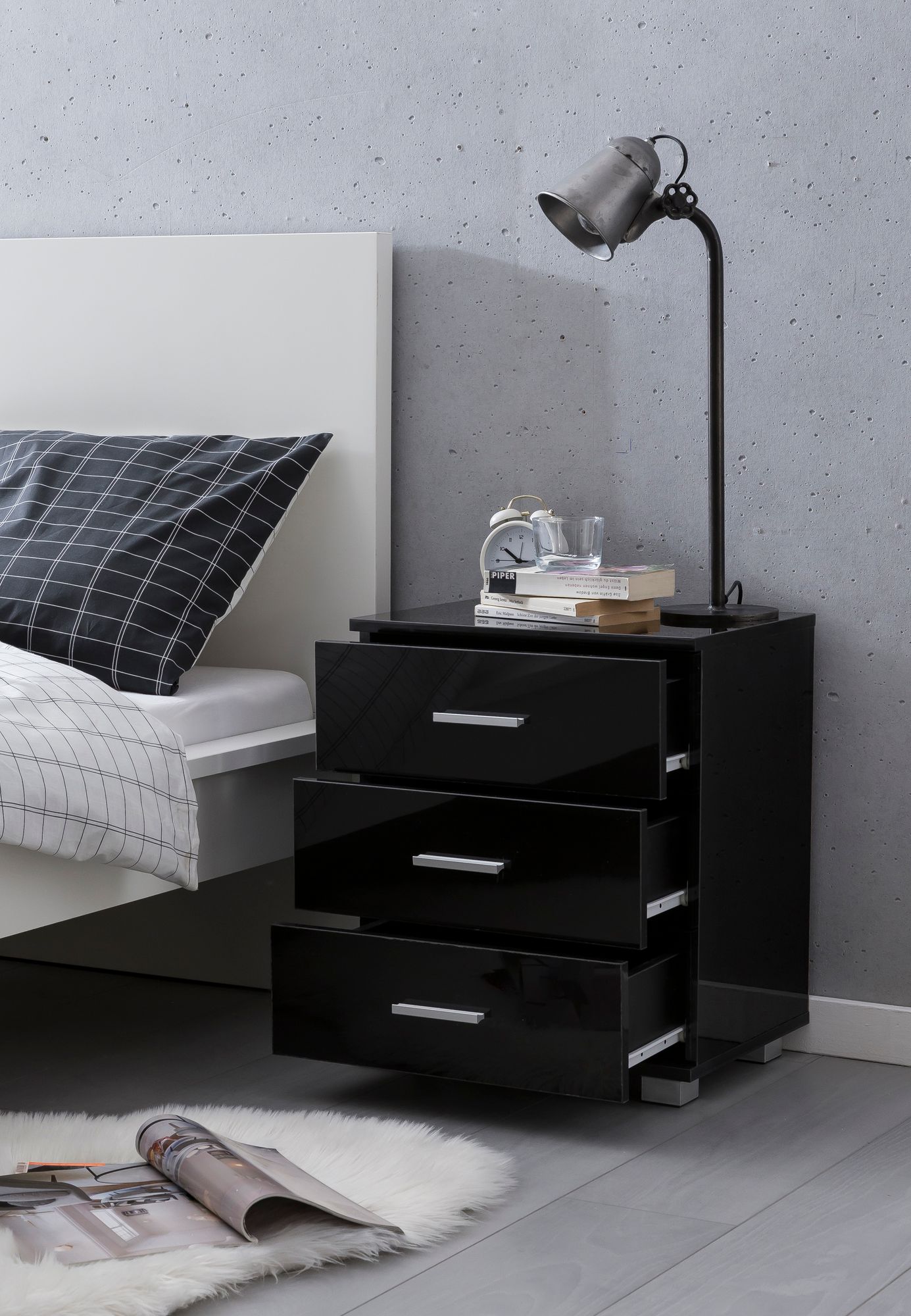 Design Nachtkonsole WL5.867 Schwarz 45 mal 54 mal 34cm Holz Nachttisch Hochglanz Modernes Nachtkaestchen mit Aufbewahrung Kleine Schlafzimmer Kommode Schubladen Bettschrank Nachtschrank Klein