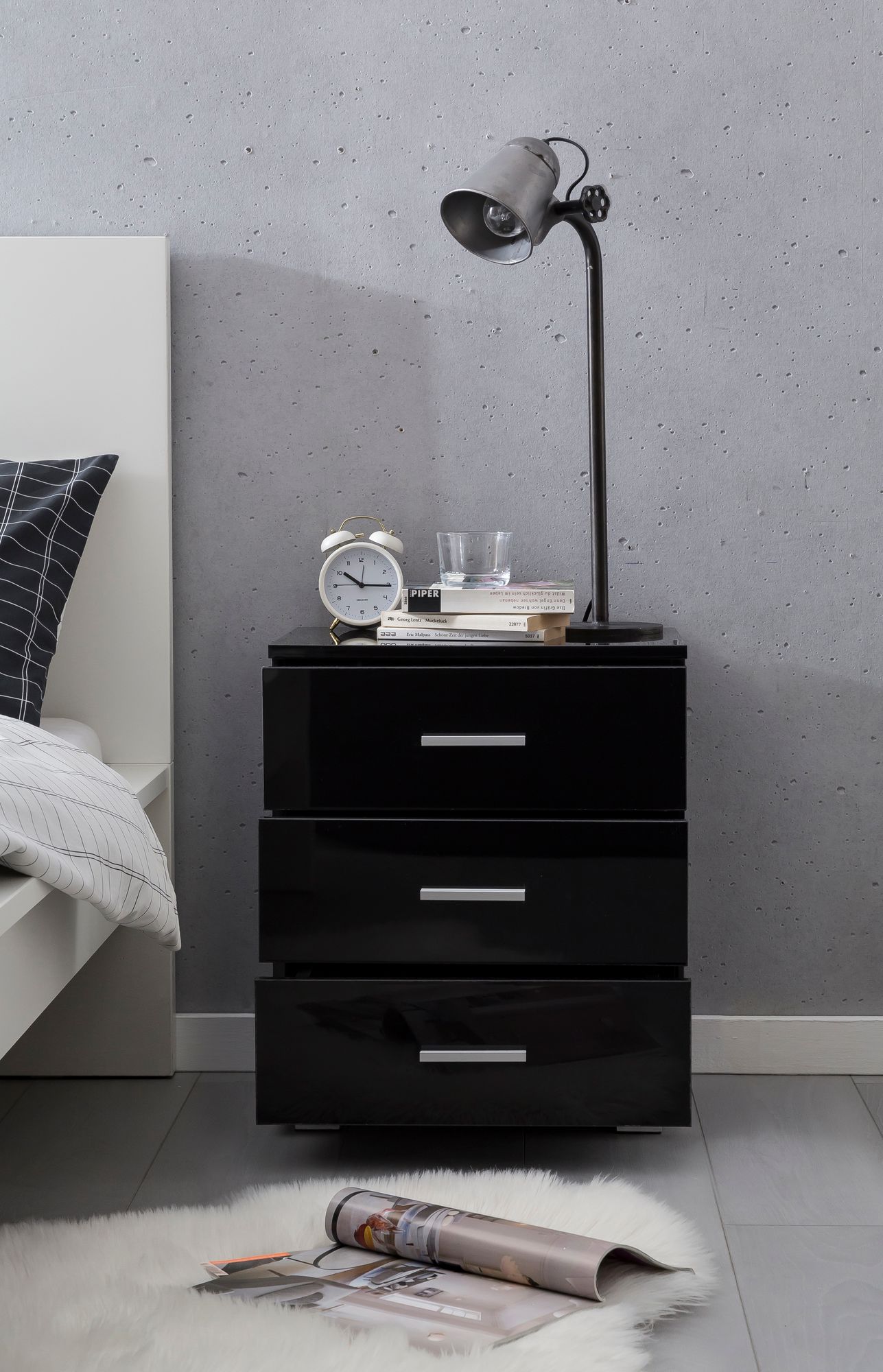 Design Nachtkonsole WL5.867 Schwarz 45 mal 54 mal 34cm Holz Nachttisch Hochglanz Modernes Nachtkaestchen mit Aufbewahrung Kleine Schlafzimmer Kommode Schubladen Bettschrank Nachtschrank Klein