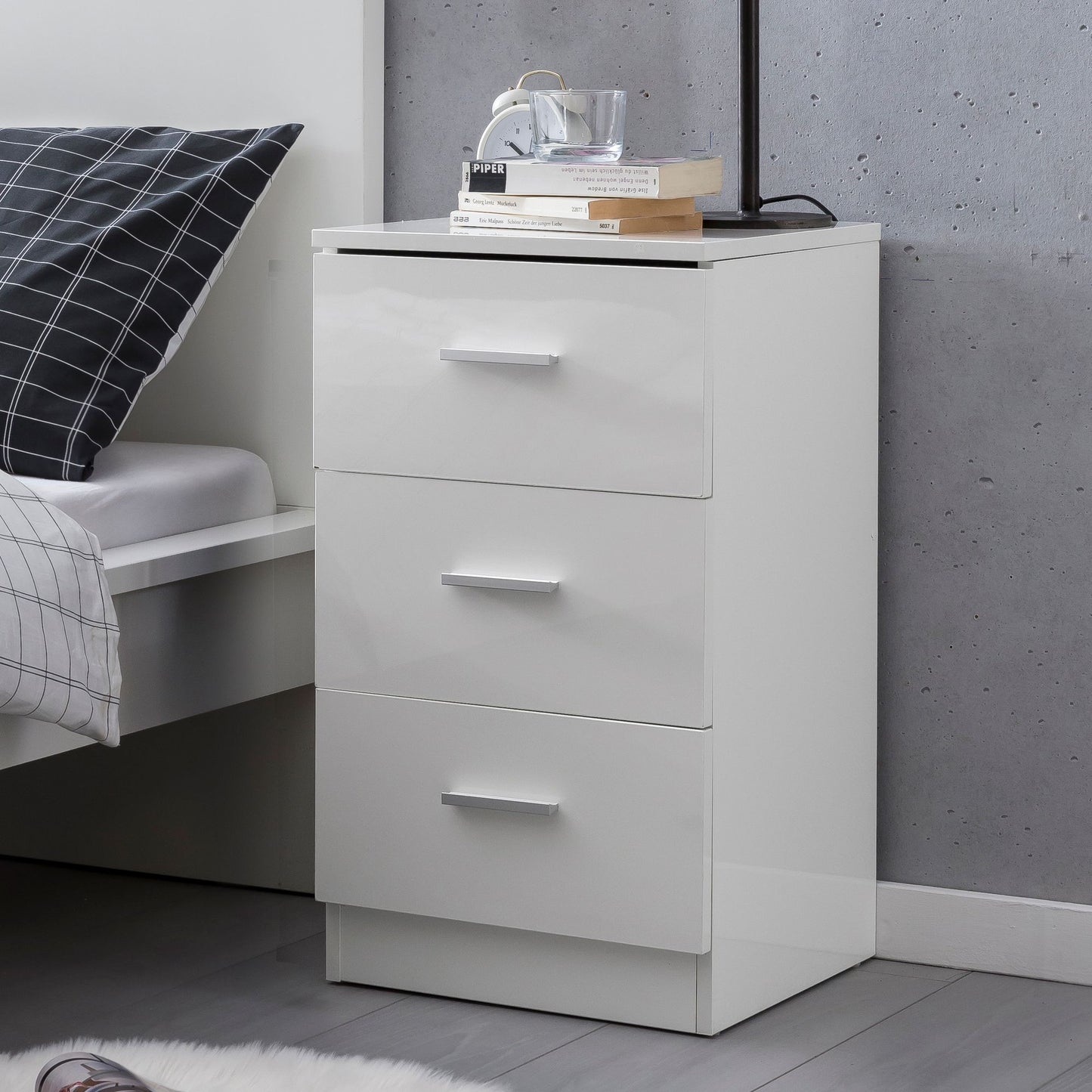 Nachttisch Weiss WL5.868 38 mal 66 5 mal 35cm Holz Nachtkonsole Hochglanz Nachtkaestchen fuer Bo mal springbett Schlafzimmer Bett Tischchen Nachtschrank mit 3 Schubladen Bett Kommode Bo mal spring