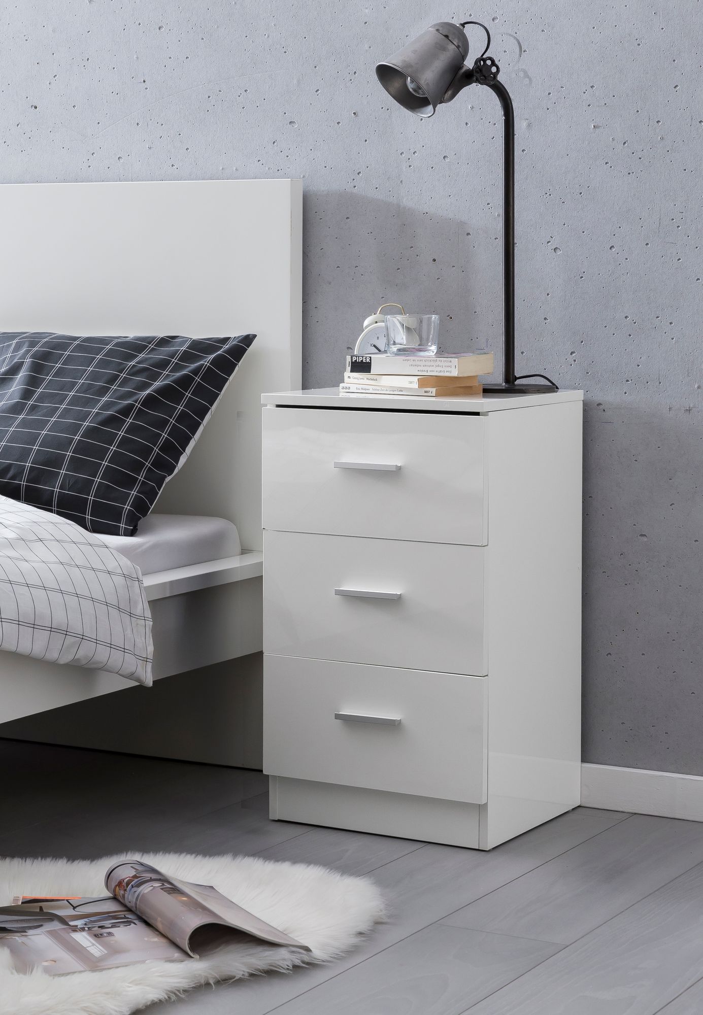 Nachttisch Weiss WL5.868 38 mal 66 5 mal 35cm Holz Nachtkonsole Hochglanz Nachtkaestchen fuer Bo mal springbett Schlafzimmer Bett Tischchen Nachtschrank mit 3 Schubladen Bett Kommode Bo mal spring