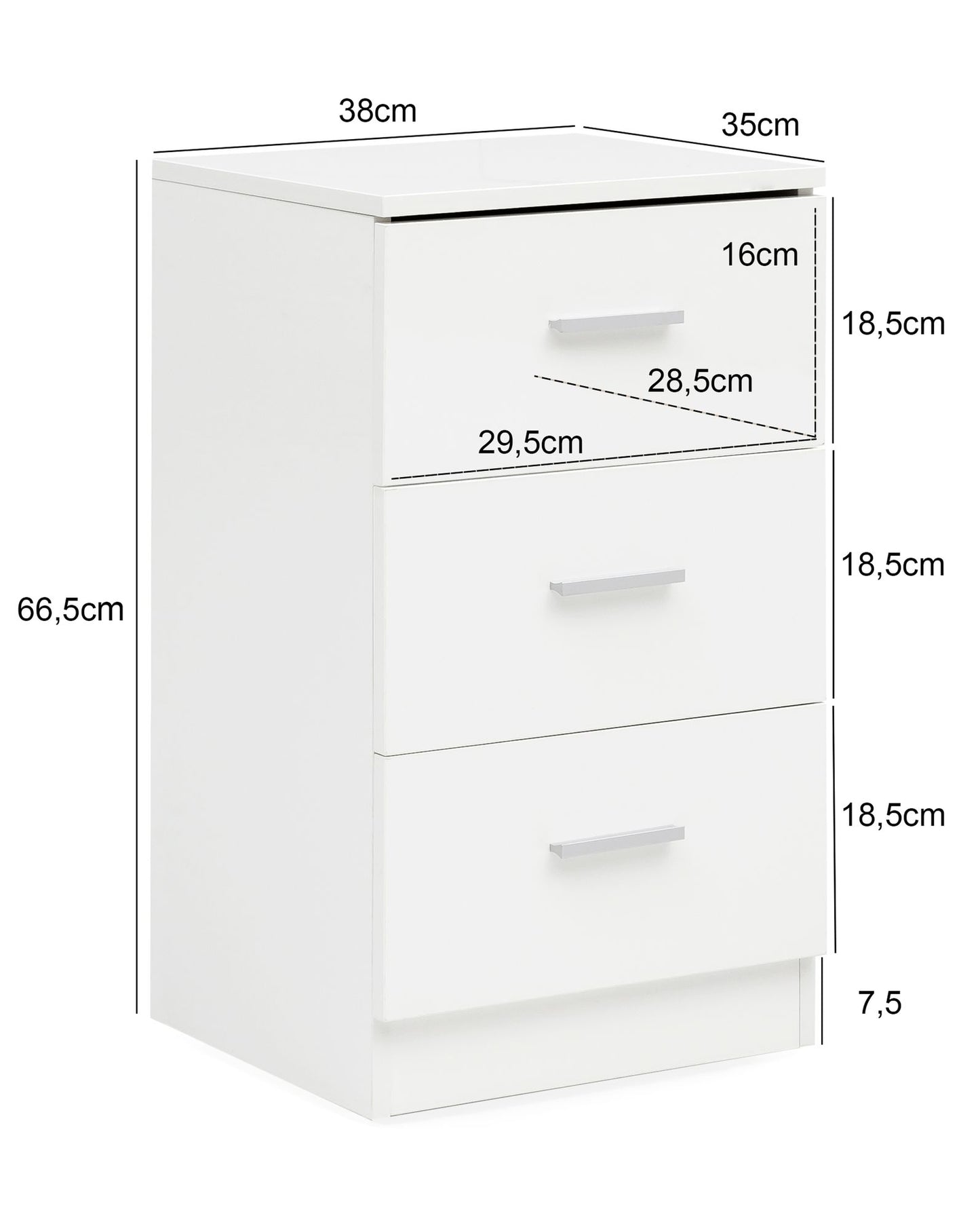 Nachttisch Weiss WL5.868 38 mal 66 5 mal 35cm Holz Nachtkonsole Hochglanz Nachtkaestchen fuer Bo mal springbett Schlafzimmer Bett Tischchen Nachtschrank mit 3 Schubladen Bett Kommode Bo mal spring