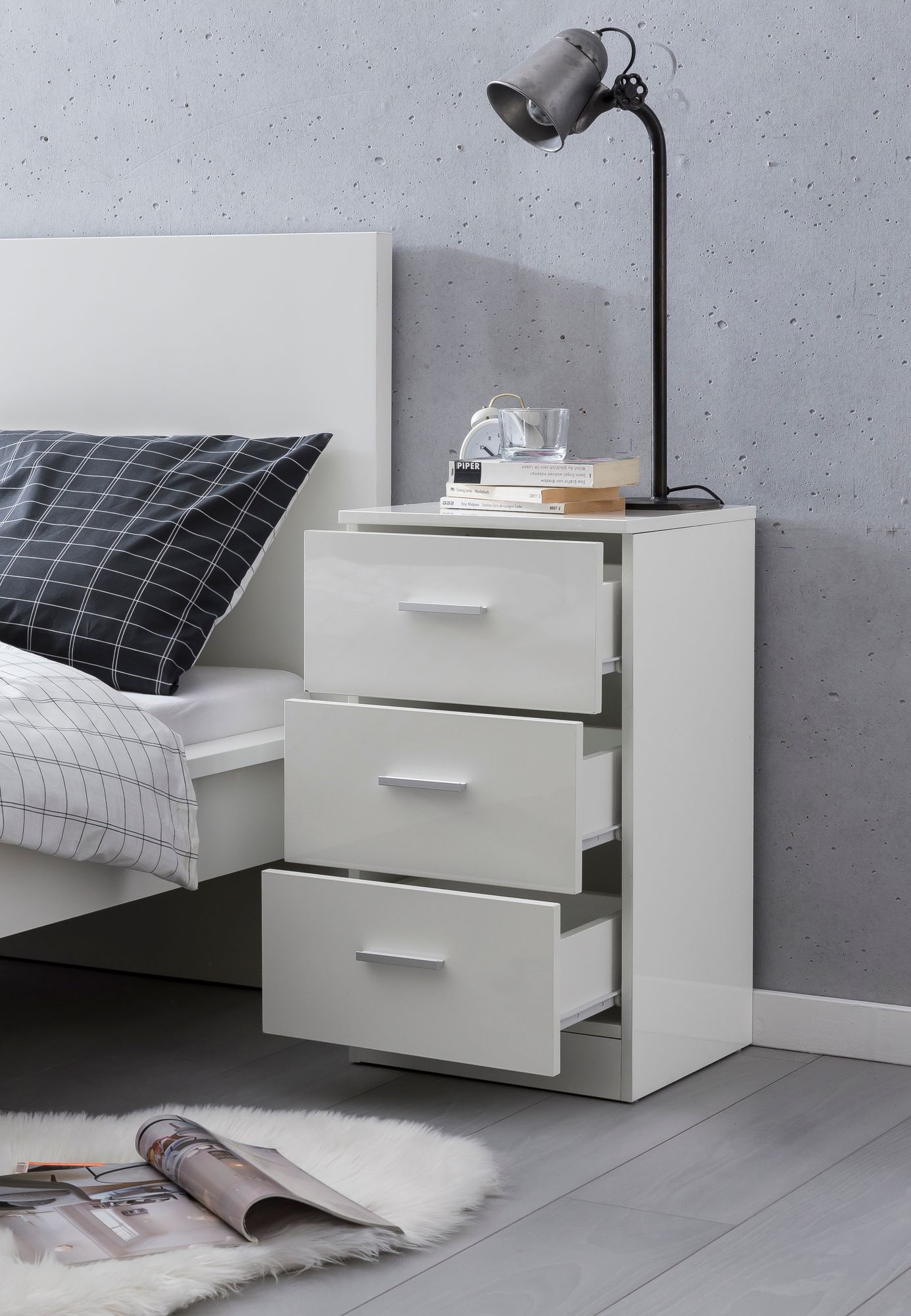 Nachttisch Weiss WL5.868 38 mal 66 5 mal 35cm Holz Nachtkonsole Hochglanz Nachtkaestchen fuer Bo mal springbett Schlafzimmer Bett Tischchen Nachtschrank mit 3 Schubladen Bett Kommode Bo mal spring