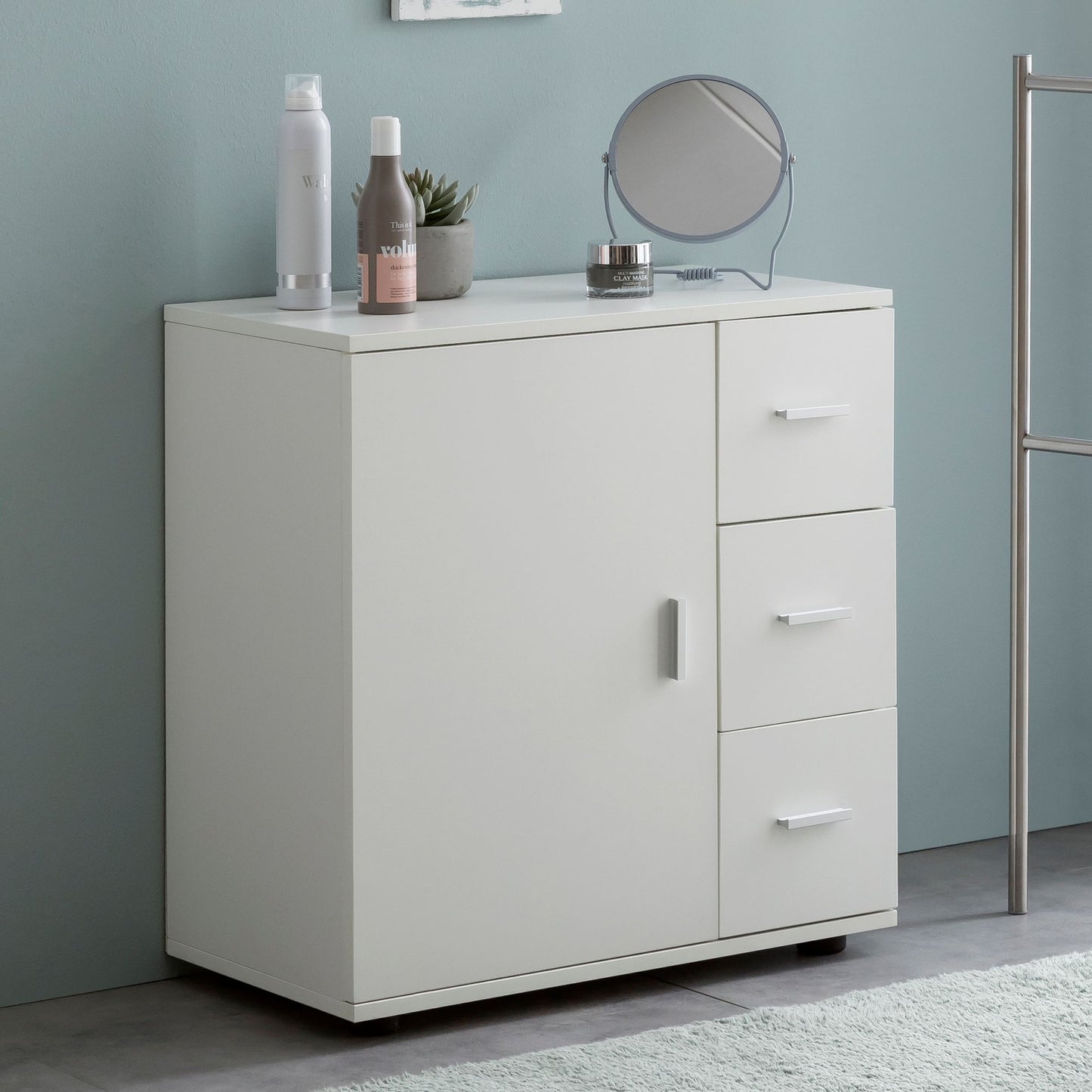 Badschrank WL5.877 Weiss 60 mal 65 5 mal 33 cm Midi Schrank mit Tuer und Schubladen Kleiner Beistellschrank Matt Badregal Schmal Freistehend Badezimmerkommode Badmoebel Badezimmermoebel