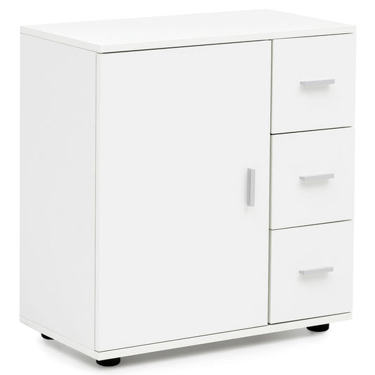 Badschrank WL5.877 Weiss 60 mal 65 5 mal 33 cm Midi Schrank mit Tuer und Schubladen Kleiner Beistellschrank Matt Badregal Schmal Freistehend Badezimmerkommode Badmoebel Badezimmermoebel