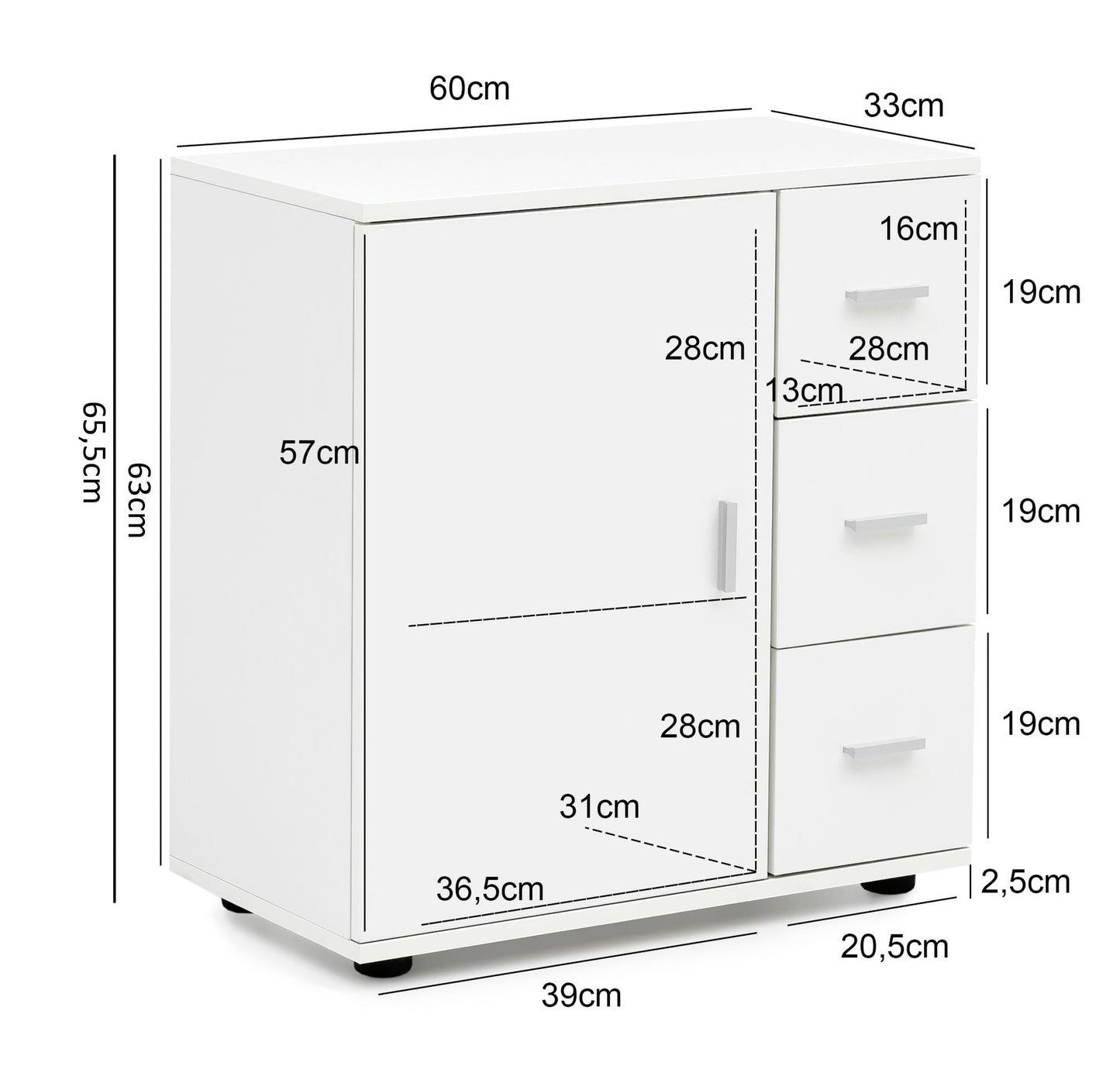 Badschrank WL5.877 Weiss 60 mal 65 5 mal 33 cm Midi Schrank mit Tuer und Schubladen Kleiner Beistellschrank Matt Badregal Schmal Freistehend Badezimmerkommode Badmoebel Badezimmermoebel