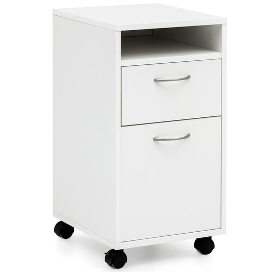 Rollcontainer WL5.901 Weiss 33 mal 63 mal 38 cm Schreibtisch Unterschrank Holz Roll Kommode Modern Buerocontainer Schubladenschrank mit Tuer Kleiner Schreibtischschrank mit Rollen
