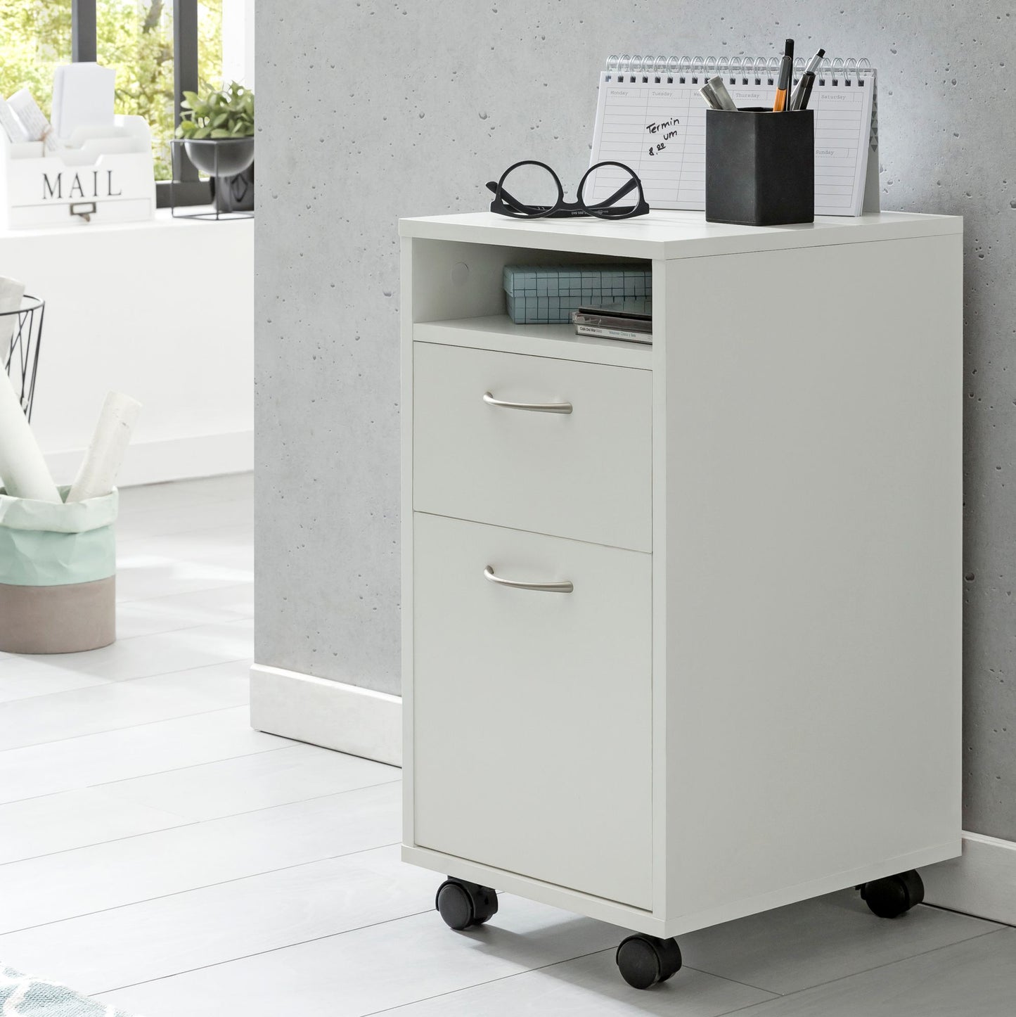 Rollcontainer WL5.901 Weiss 33 mal 63 mal 38 cm Schreibtisch Unterschrank Holz Roll Kommode Modern Buerocontainer Schubladenschrank mit Tuer Kleiner Schreibtischschrank mit Rollen