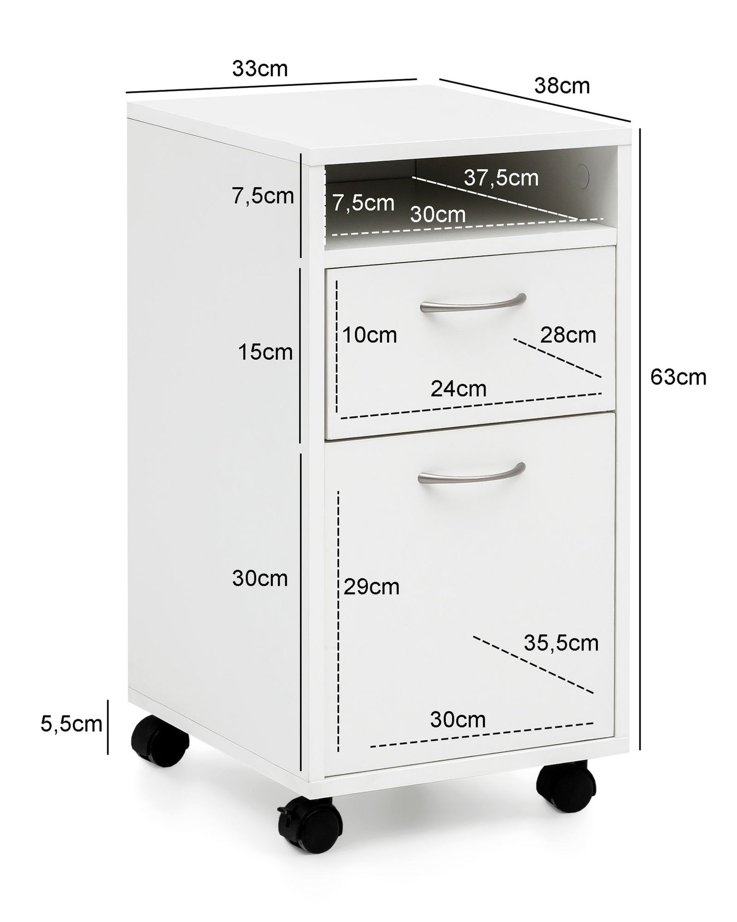 Rollcontainer WL5.901 Weiss 33 mal 63 mal 38 cm Schreibtisch Unterschrank Holz Roll Kommode Modern Buerocontainer Schubladenschrank mit Tuer Kleiner Schreibtischschrank mit Rollen