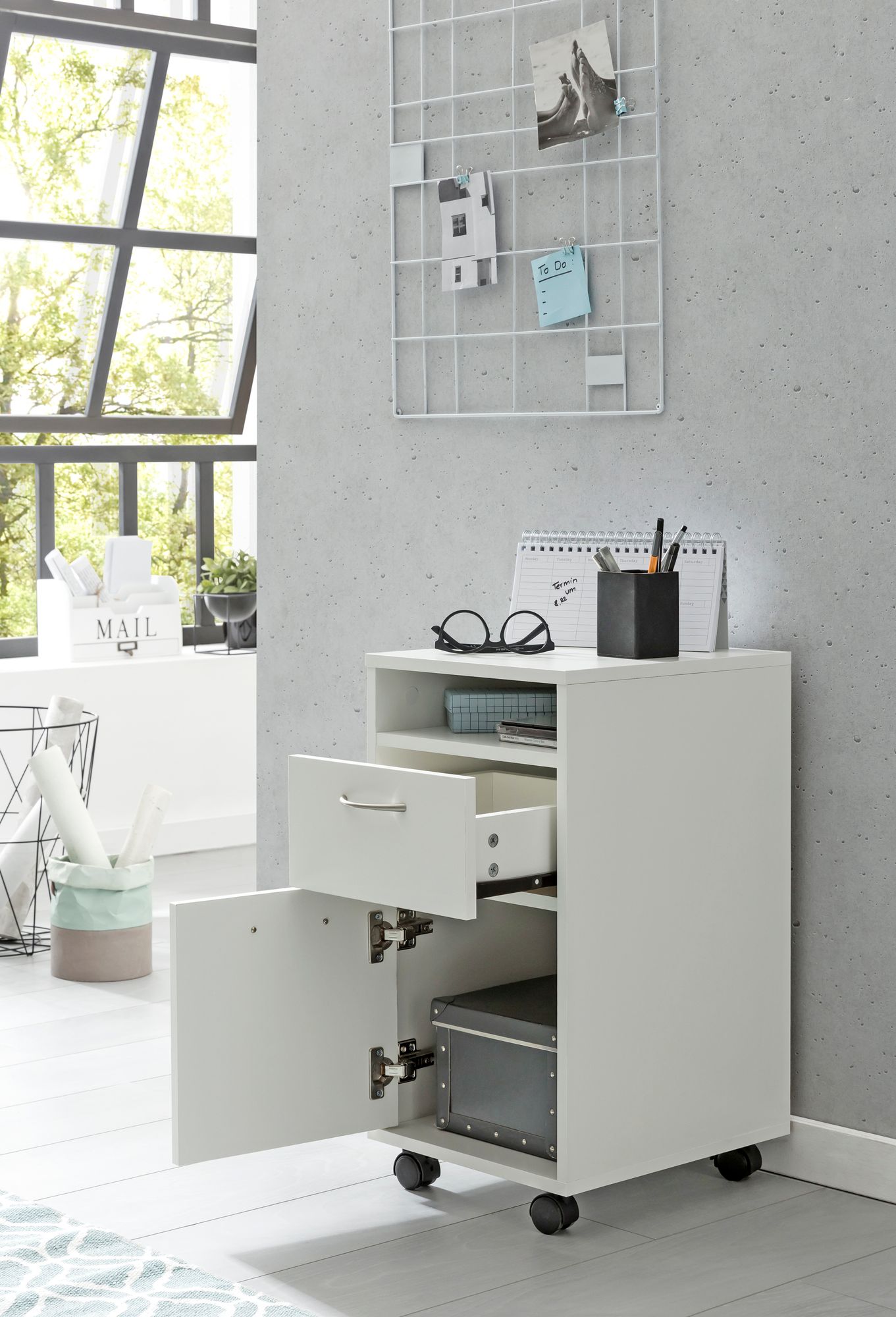 Rollcontainer WL5.901 Weiss 33 mal 63 mal 38 cm Schreibtisch Unterschrank Holz Roll Kommode Modern Buerocontainer Schubladenschrank mit Tuer Kleiner Schreibtischschrank mit Rollen