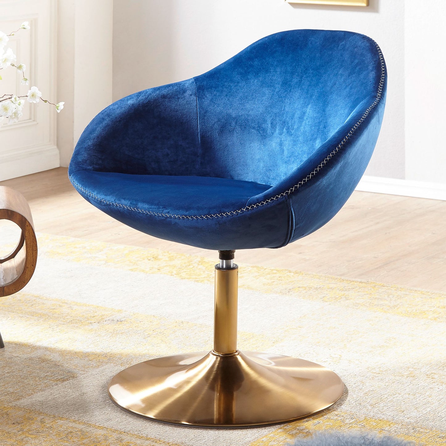 Loungesessel SIRAN Samt Blau Gold 70 mal 79 mal 70 cm Design Drehstuhl Clubsessel Polsterstuhl mit Armlehne Drehsessel Cocktailsessel Lounge Barsessel Besucherstuhl Sessel mit Stoffbezug
