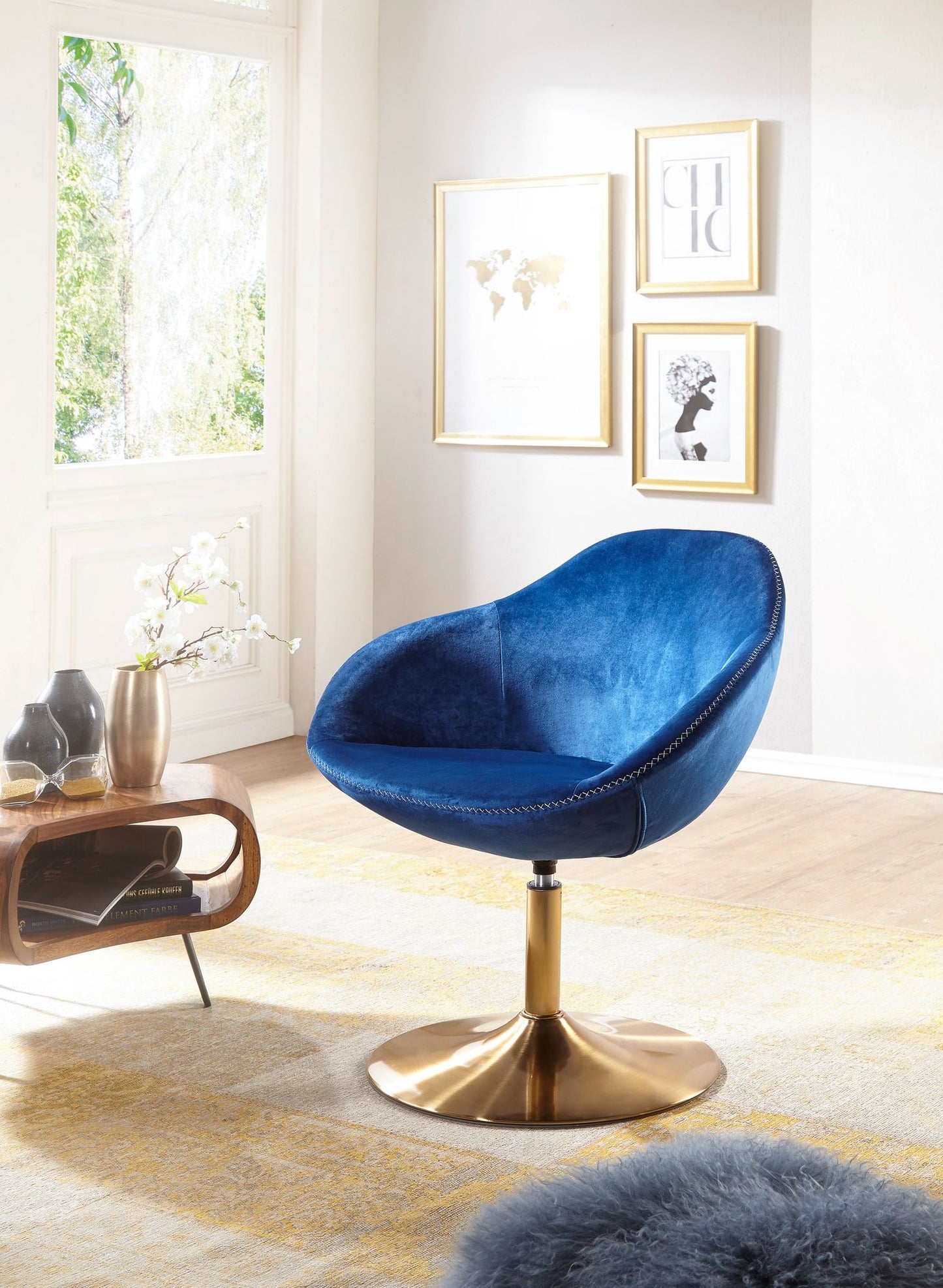 Loungesessel SIRAN Samt Blau Gold 70 mal 79 mal 70 cm Design Drehstuhl Clubsessel Polsterstuhl mit Armlehne Drehsessel Cocktailsessel Lounge Barsessel Besucherstuhl Sessel mit Stoffbezug