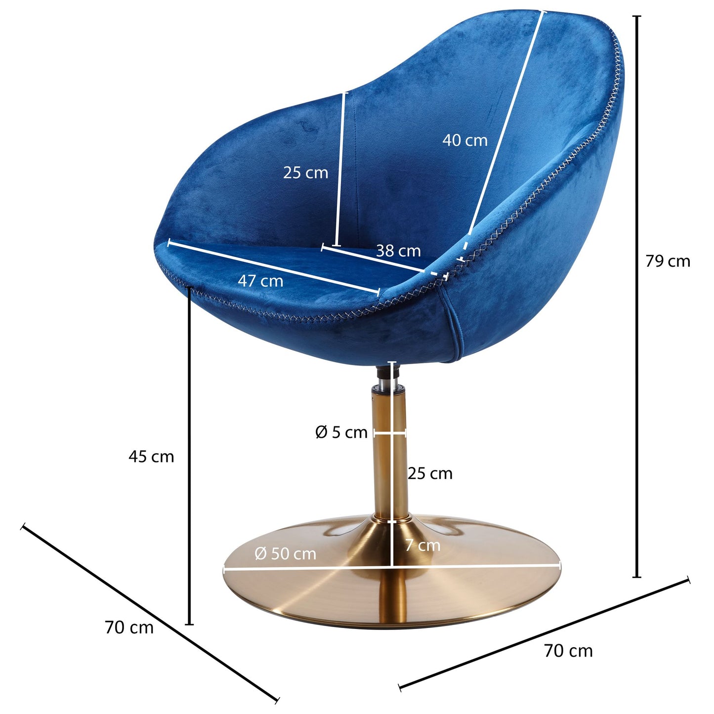 Loungesessel SIRAN Samt Blau Gold 70 mal 79 mal 70 cm Design Drehstuhl Clubsessel Polsterstuhl mit Armlehne Drehsessel Cocktailsessel Lounge Barsessel Besucherstuhl Sessel mit Stoffbezug