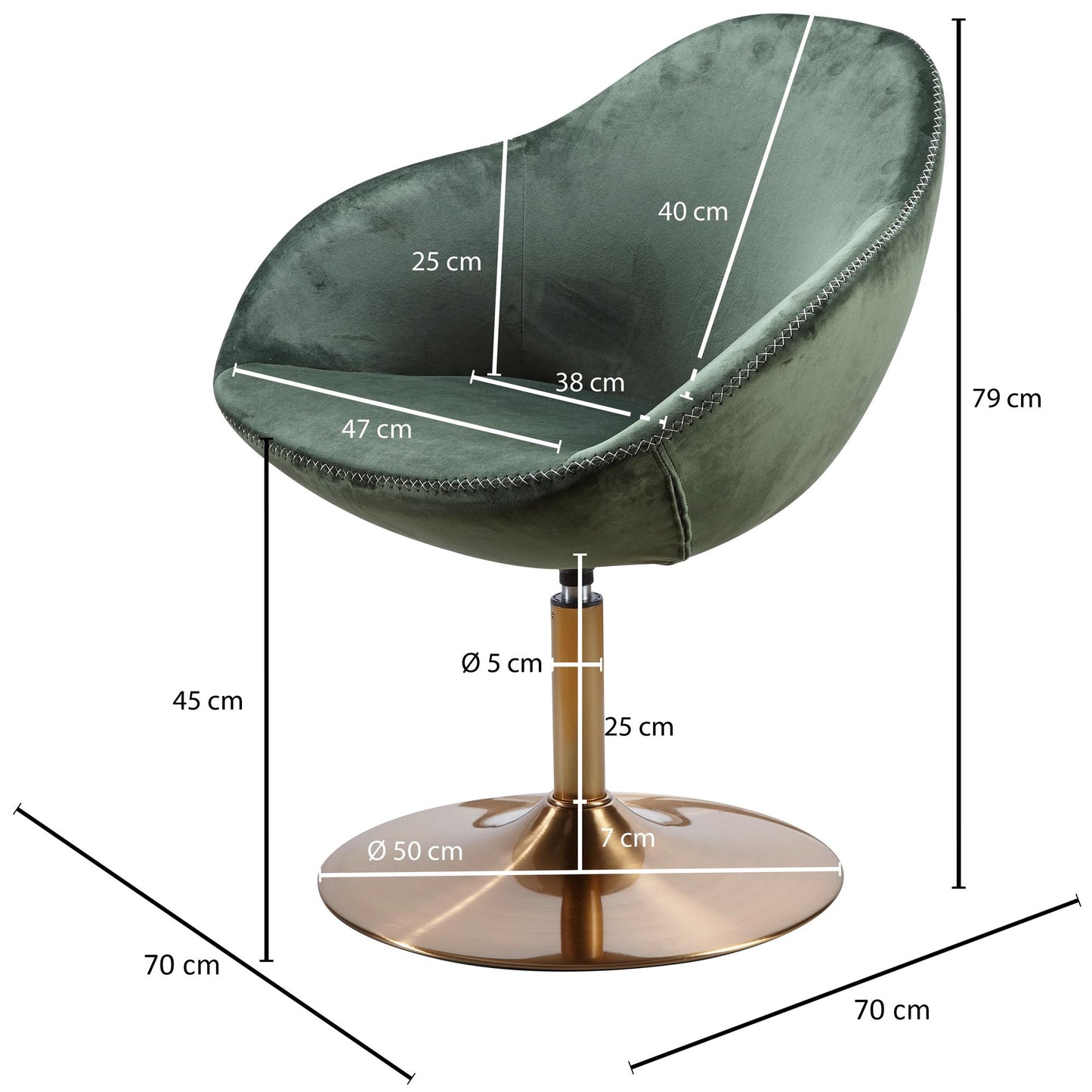 Loungesessel SIRAN Samt Gruen Gold 70 mal 79 mal 70 cm Design Drehstuhl Clubsessel Polsterstuhl mit Armlehne Drehsessel Cocktailsessel Lounge Barsessel Besucherstuhl Sessel mit Stoffbezug