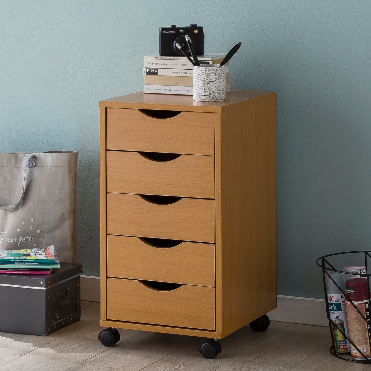 Rollcontainer WL5.924 33 mal 64 mal 38cm Buche MDF Holz Schreibtisch Container Rollschrank 5 Schubladen Moderner Schubladencontainer mit Rollen Standcontainer Buerocontainer Beistellcontainer