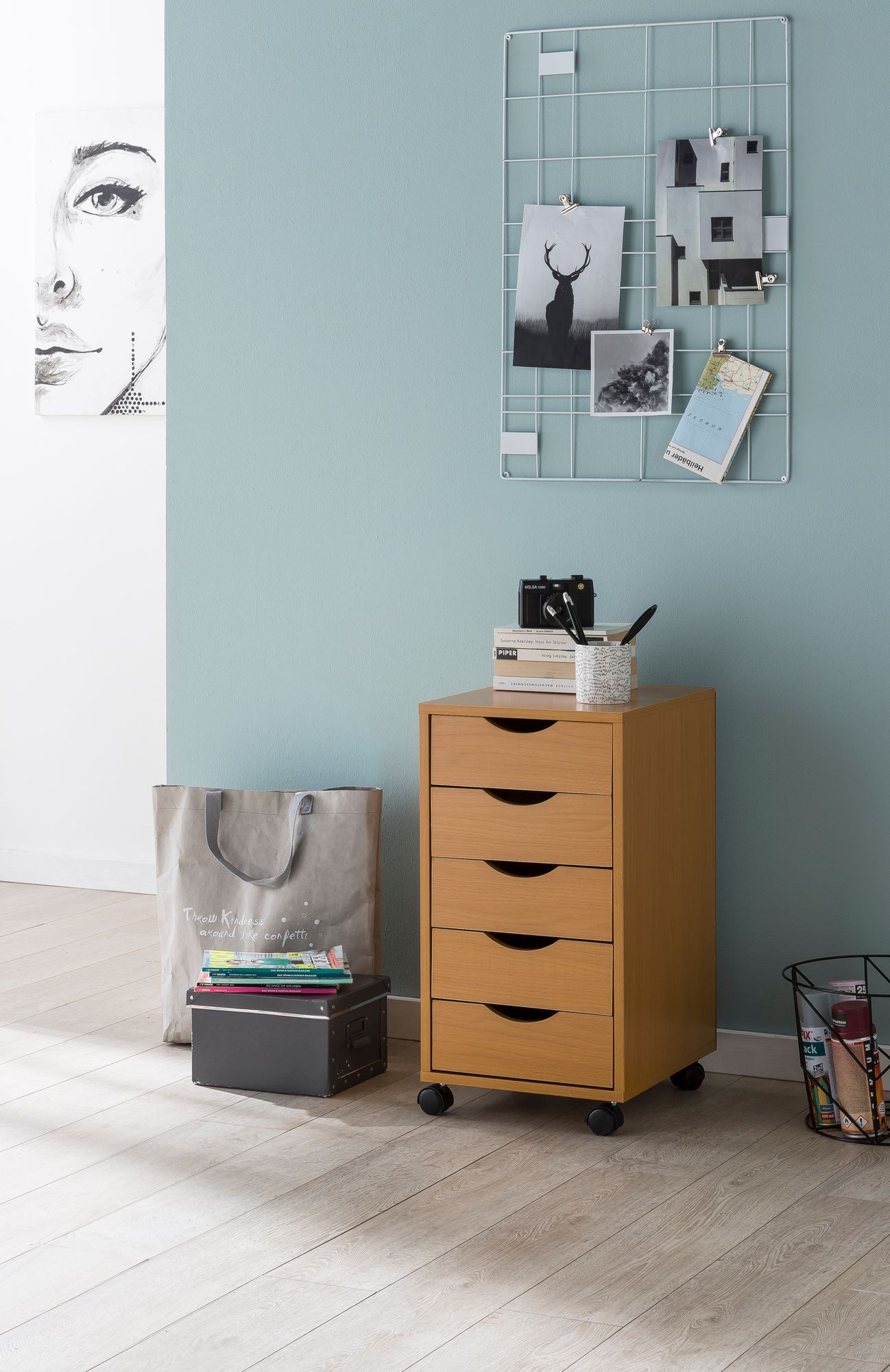 Rollcontainer WL5.924 33 mal 64 mal 38cm Buche MDF Holz Schreibtisch Container Rollschrank 5 Schubladen Moderner Schubladencontainer mit Rollen Standcontainer Buerocontainer Beistellcontainer